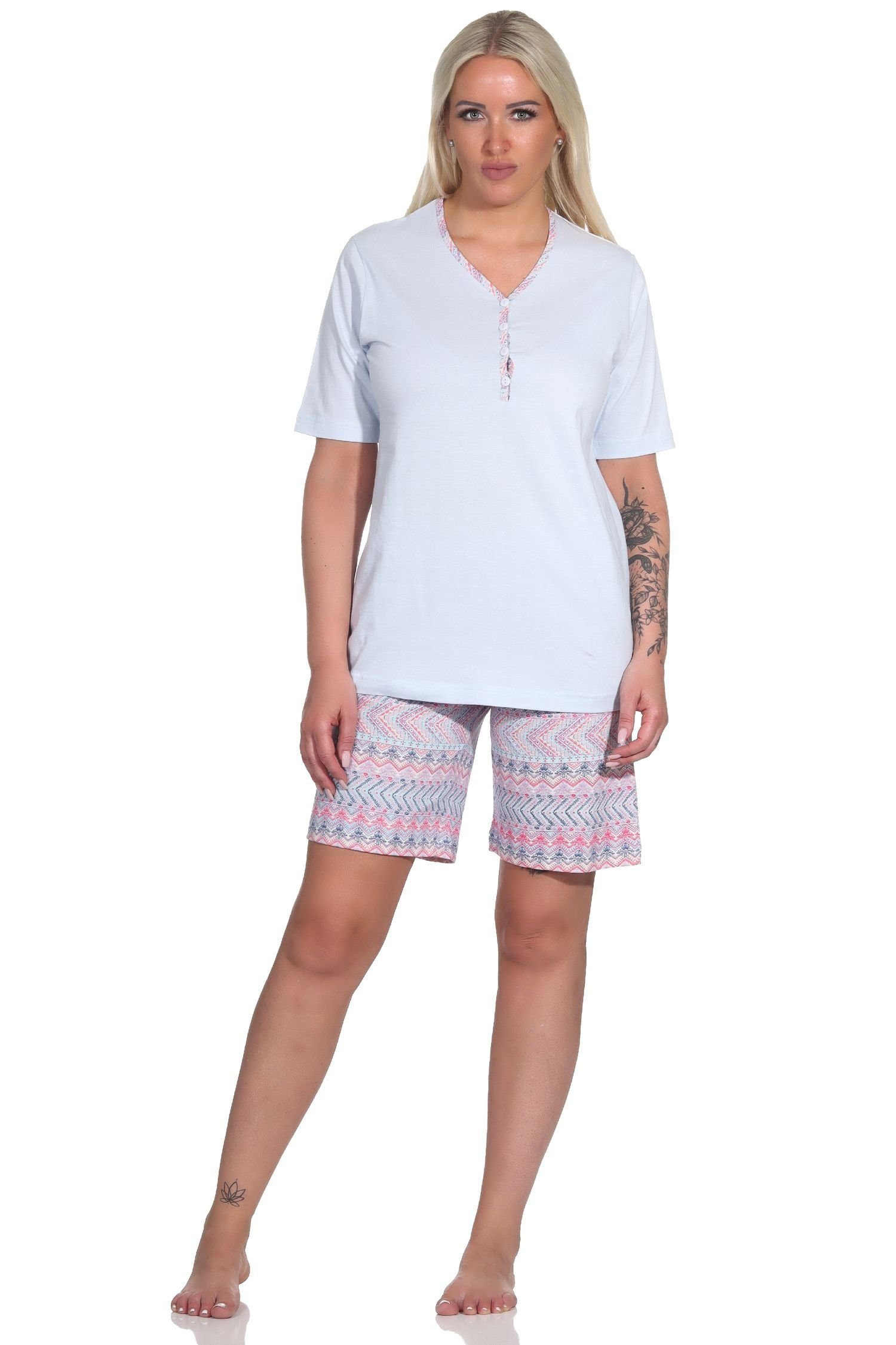 Normann Pyjama Damen kurzarm Schlafanzug Shorty im Ethnolook - auch in Übergrößen hellblau