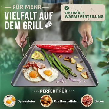 BoomDing Grillplatte BoomDing Plancha Grillplatte 40 x 30 cm aus 4 mm Edelstahl (für Jedermann mit Tragebügeln, Perfektes Grillzubehör), made in Germany