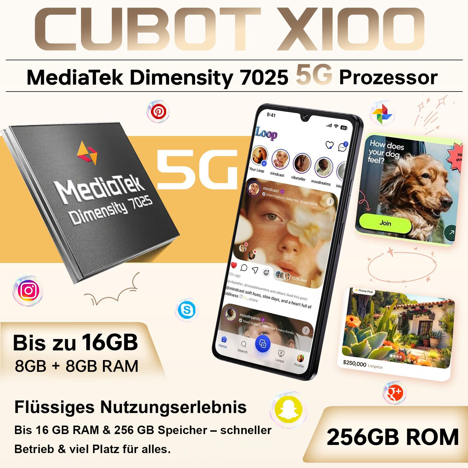 Cubot X100 16GB RAM+256GB ROM 5G Smartphone (17,47 cm/6.88 Zoll, 256 GB Speicherplatz, 64 MP Kamera, Android 15, 5100mAh, 6.88" HD+ 120Hz, NFC, GPS, Face Unlock)