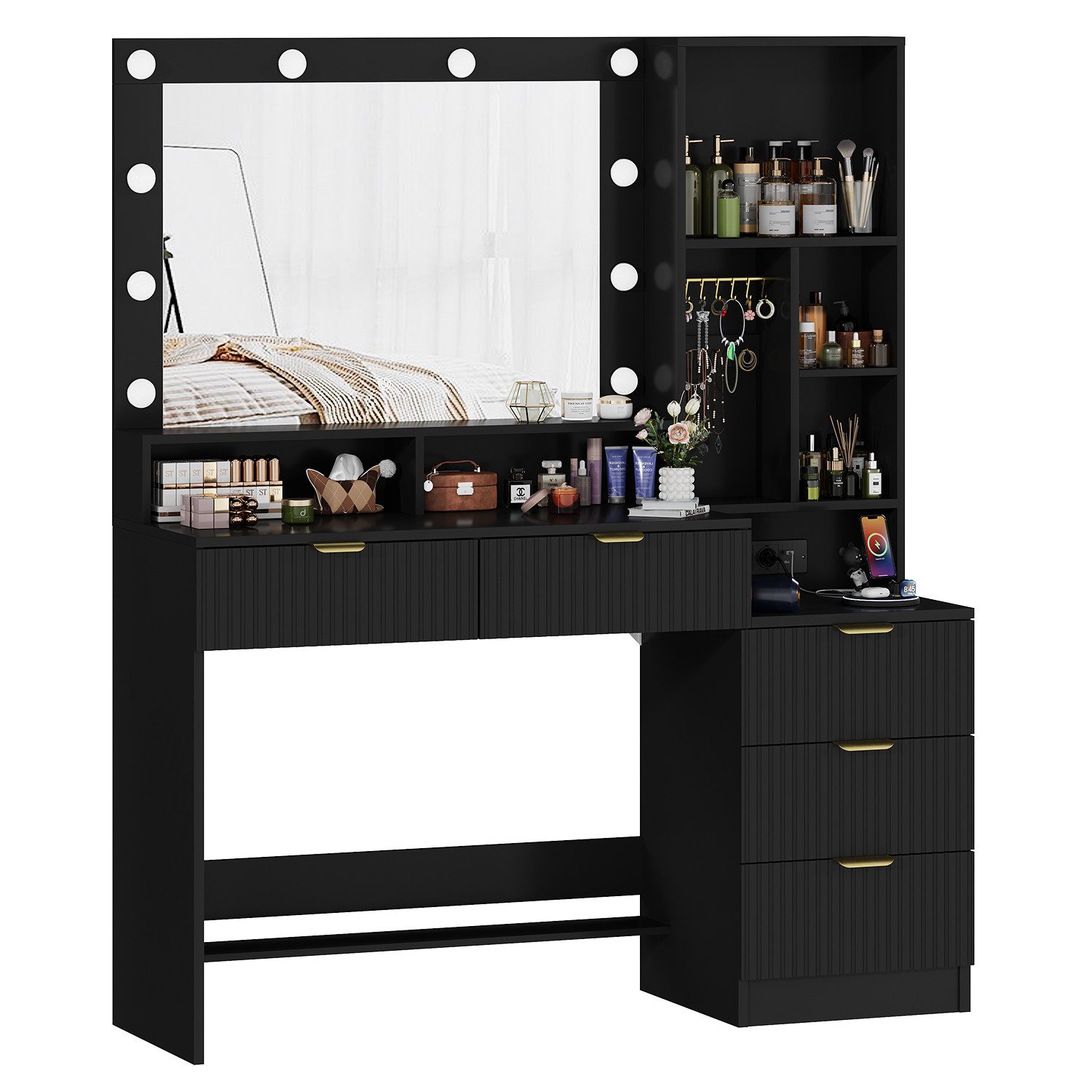 Furnicopia Schminktisch Einstellbare LED-Beleuchtung Fünf Schubladen und si günstig online kaufen