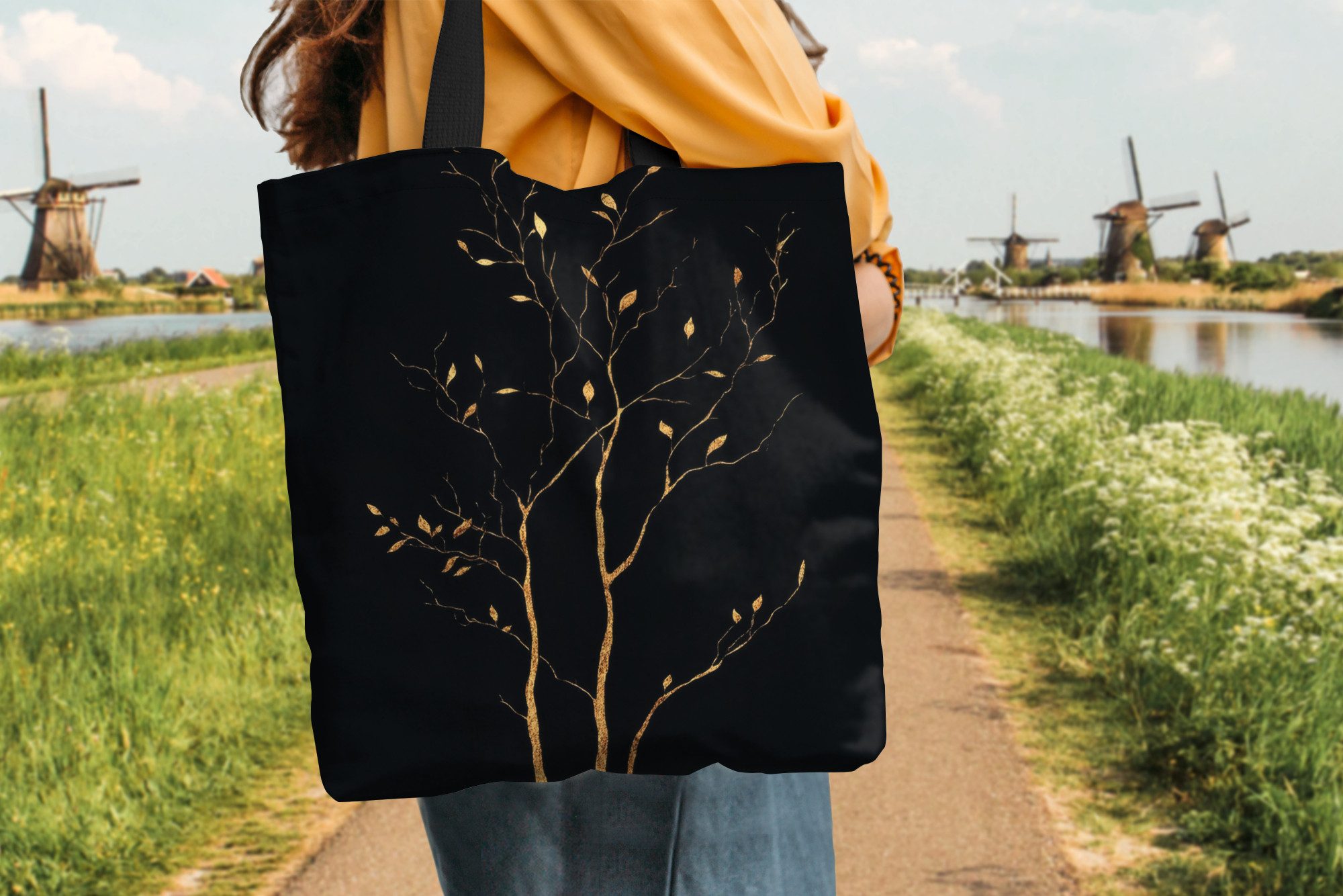 MuchoWow Shopper Äste - Blätter - Schwarz, Handtasche, Damen und Herren, Schultertasche, Umhängetasche, Tote Bag