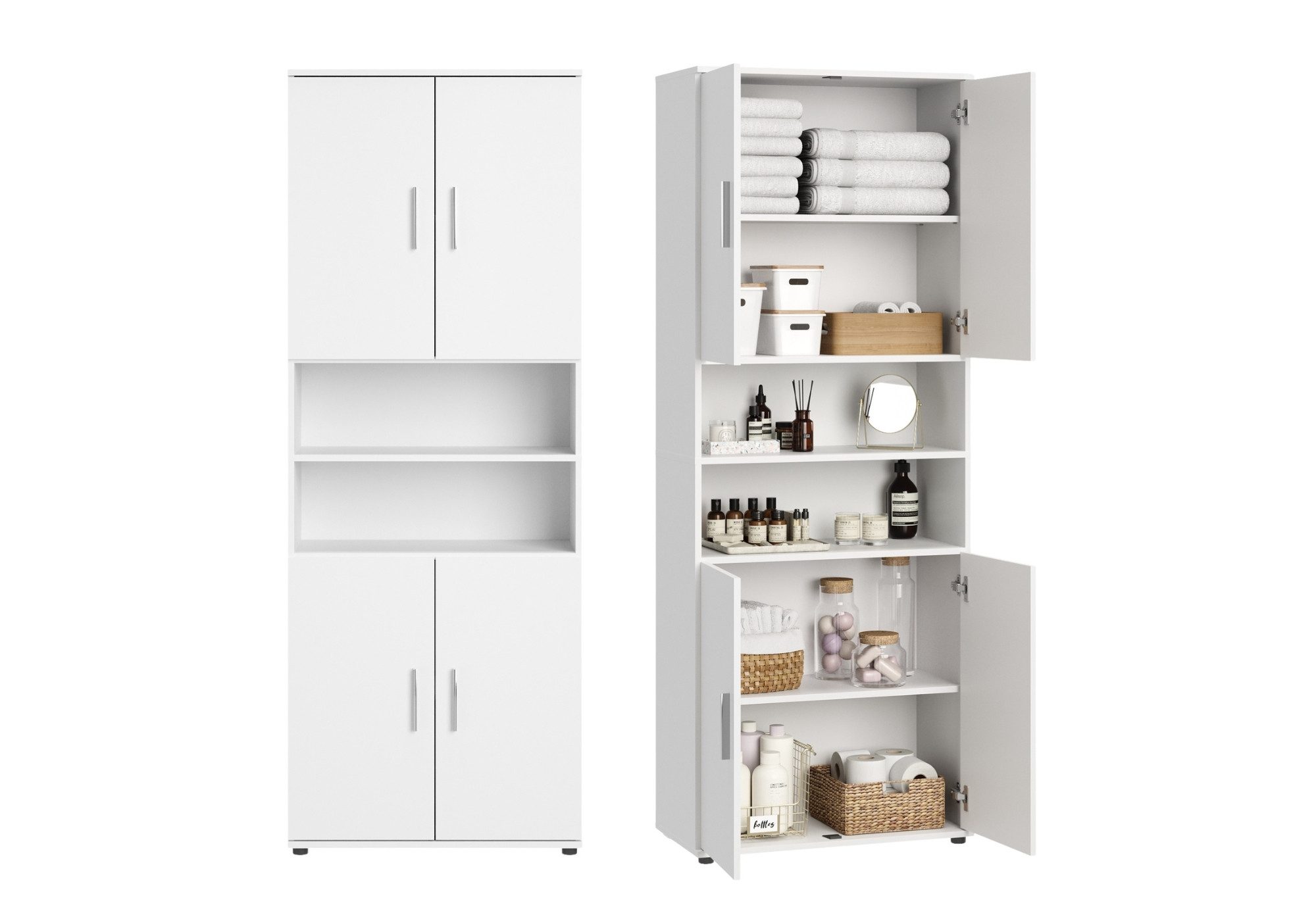Home Collective Badkommode Badezimmerschrank Hochschrank 6 Fächer – robust & pflegeleicht, 70x35x187 cm (BxTxH), Weiß, 4 Türen, pflegeleicht & viel Stauraum
