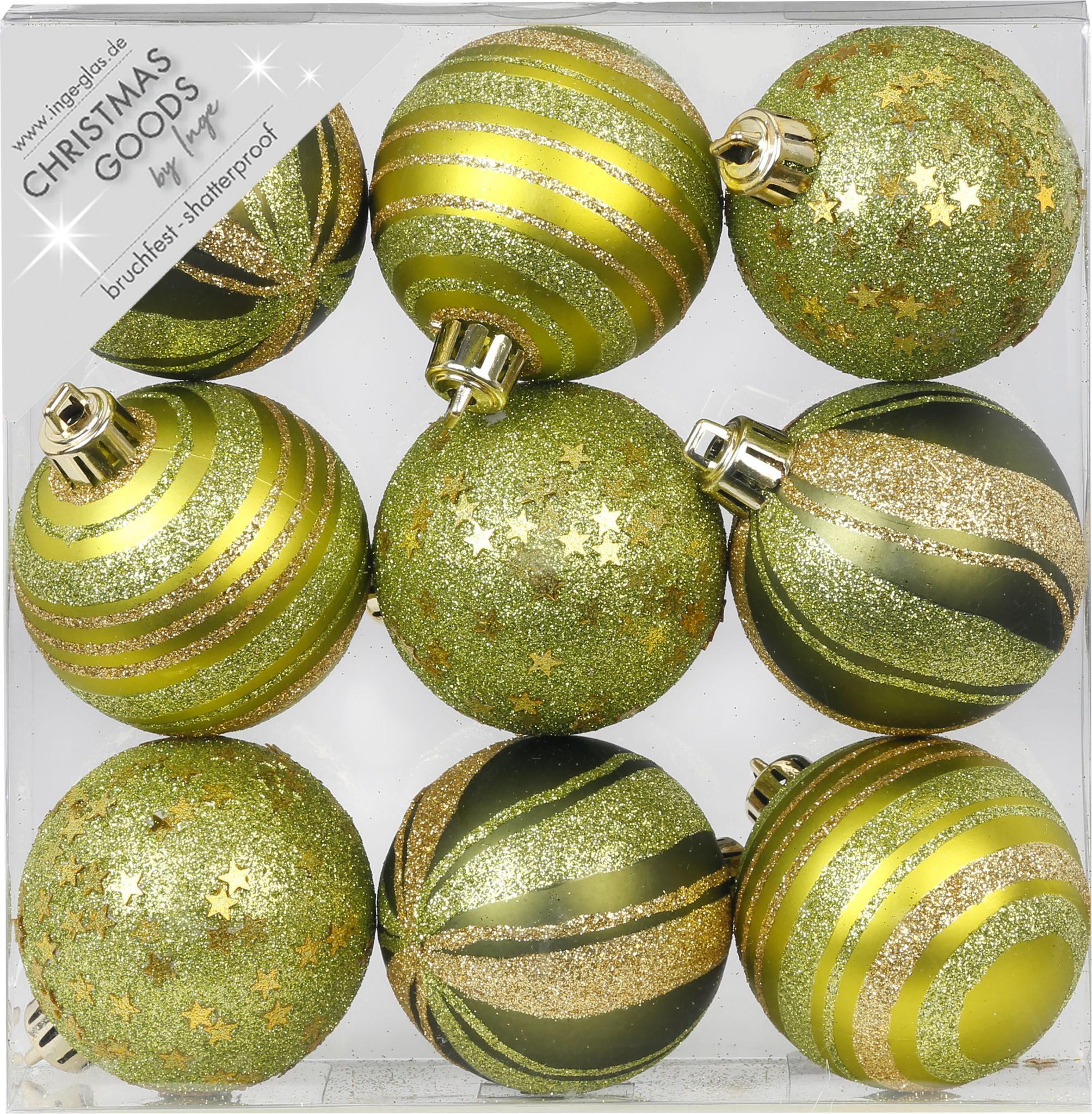 MAGIC by Inge Weihnachtsbaumkugel, Weihnachtskugeln Kunststoff 6cm mit Glitzer 9er Set - Olive Green