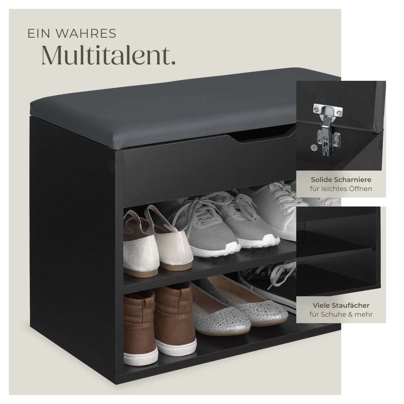 tectake Schuhschrank Schuhbank Jasmina mit Sitzpolster für 6 Paar Schuhe, 60x30x43,5cm (Komplettset, 1-St., 1-St. schwarz) großes Klappfach zur Aufbewahrung – Bild 4 von 5