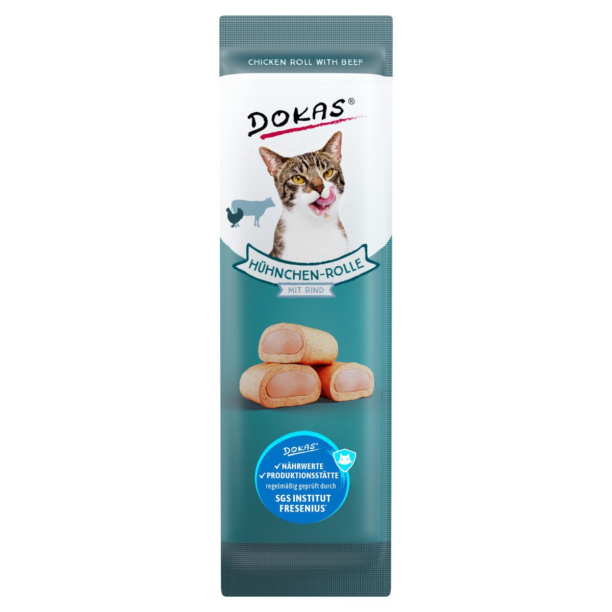 Dokas Hühnchen-Rolle mit Rind 10 g - 32 Stück / Sparpaket, Snack für: Katze