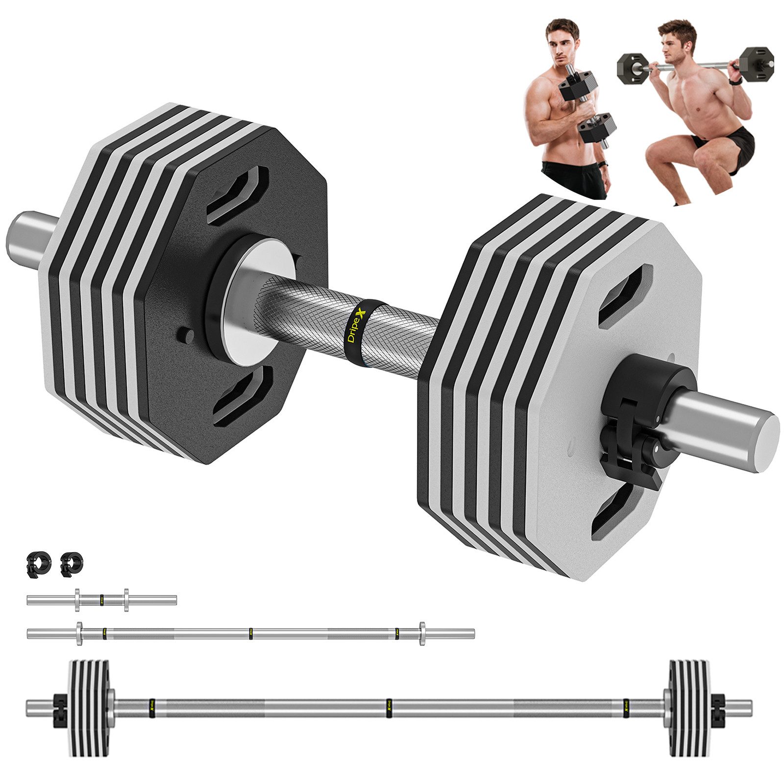 Dripex Hantel-Set Kurzhantel Set 28kg / 36kg verstellbar - Langhantel + Curlstange