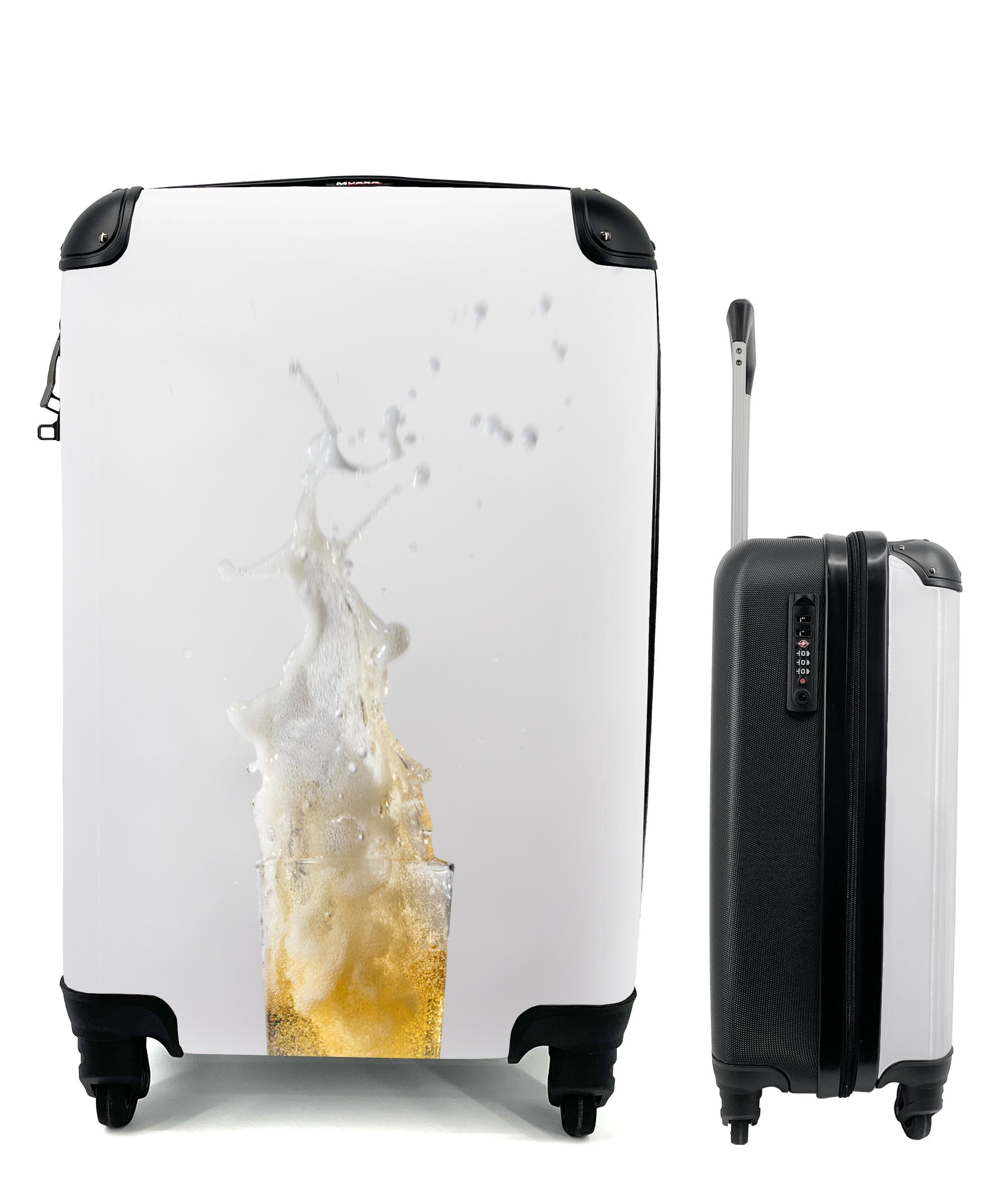 MuchoWow Handgepäckkoffer Spritzendes Bier auf weißem Hintergrund, 4 Rollen, Reisetasche mit rollen, Handgepäck für Ferien, Trolley, Reisekoffer
