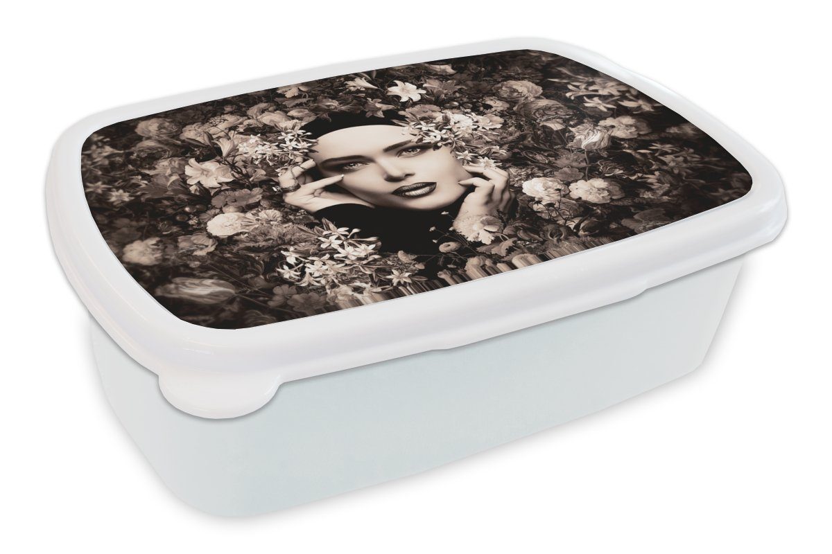 MuchoWow Lunchbox Frau - Blumen - Botanisch - Natur, Kunststoff, (2-tlg), Brotbox für Kinder und Erwachsene, Brotdose, für Jungs und Mädchen weiß