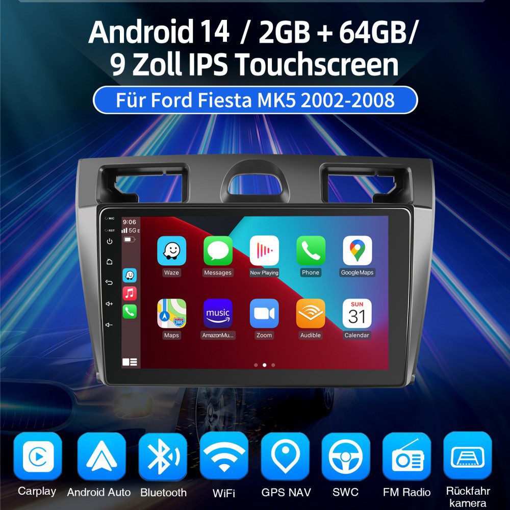 ESSGOO 64G DAB+ Für Ford Fiesta MK5 VI 2002-2008 Android 15 GPS Navi Carplay Autoradio (4+64GB(optional), DAB+ (optional), Touchscreen Mirror Link SWC,FM,RDS,AM,WMA,USB)