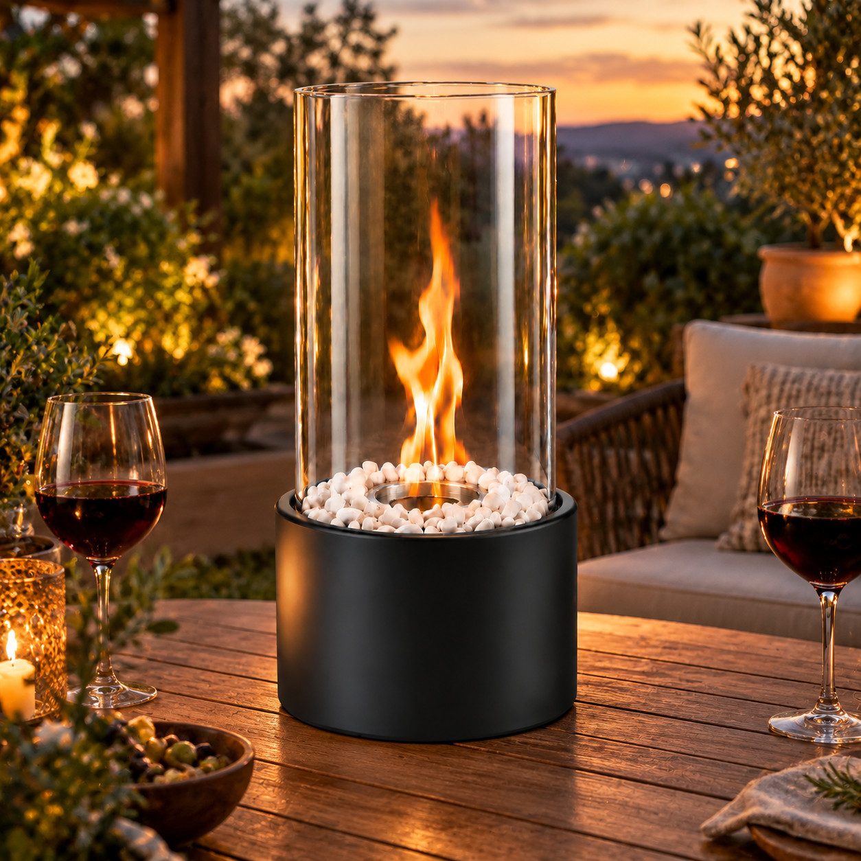 ZMH Tischfeuer Indoor Outdoor Tischkamin Ethanol Dekokamin Set Glas Edelstahl, Zylindrisch, 110 ml, ca. 1 Std., inkl. Trichter, Halterung, …