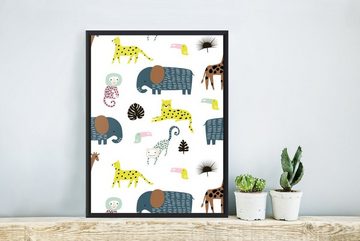 MuchoWow Poster Tiere - Elefant - Affe - Weiß, (1 St), Gerahmtes Poster, Wanddeko, Bilder, Wandposter, Schwarzem Bilderrahmen