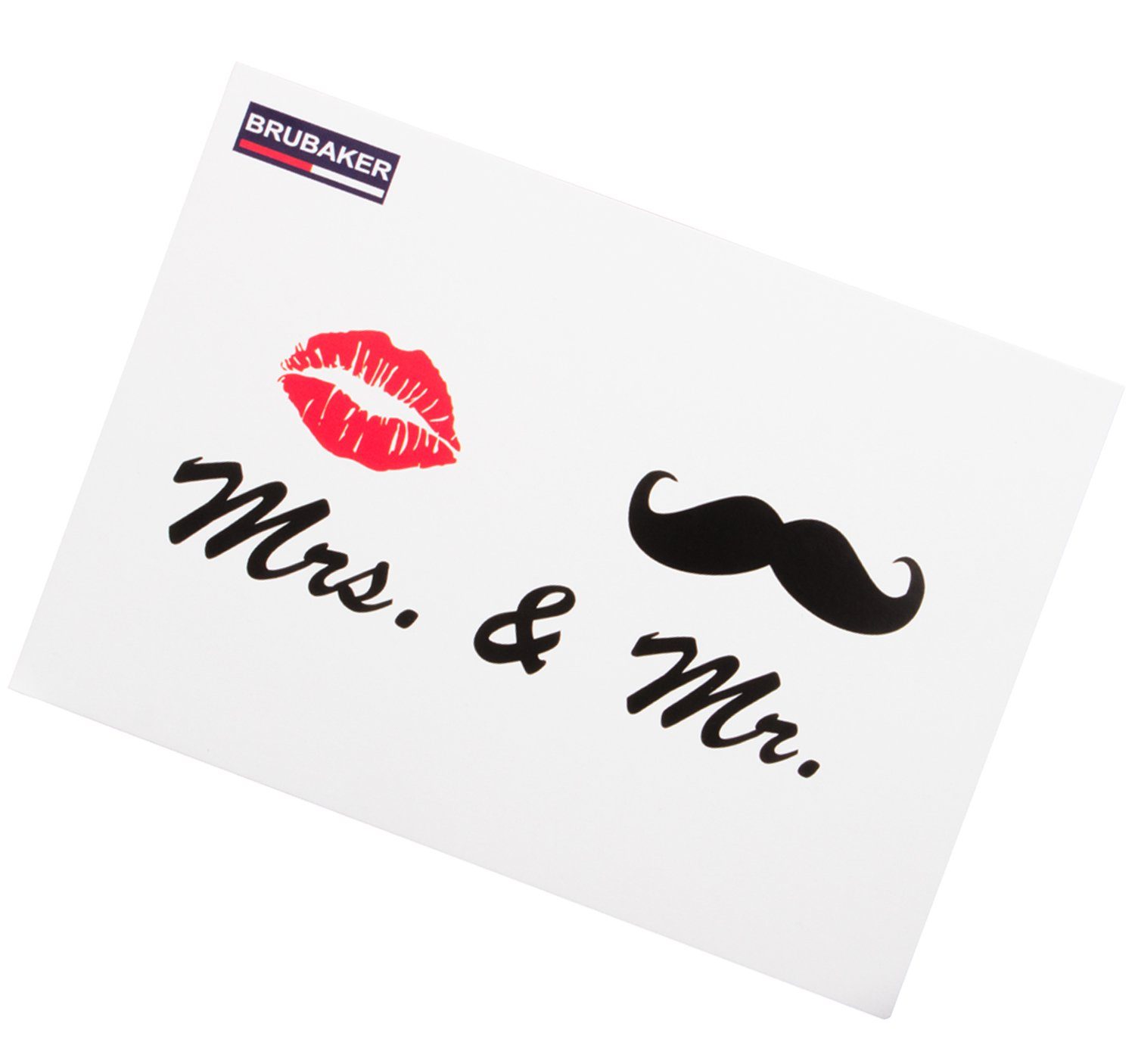 "Mr." und Kussmund "Mrs.", Geschenkset in Grußkarte BRUBAKER Keramik, mit Tasse Schnurrbart, und Kaffeetassen Kaffeebecher 2er-Set Geschenkpackung, mit Motivtassen
