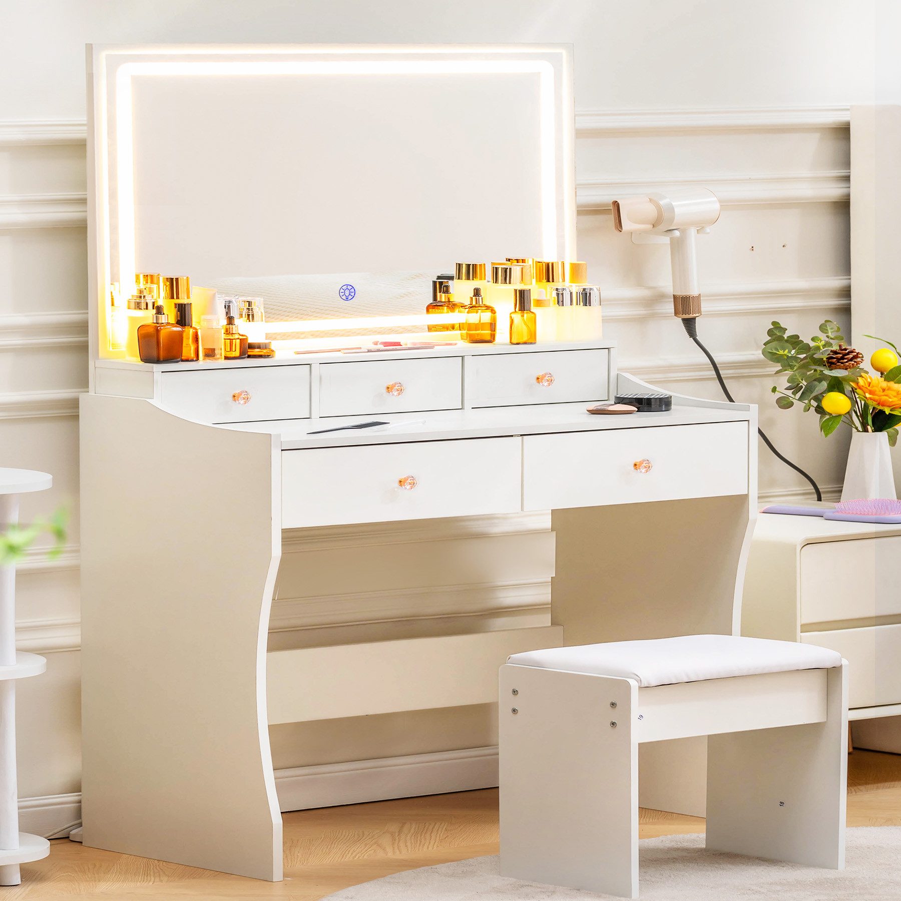 COMHOMA Schminktisch mit Spiegel und LED, 5 Schubladen, 80 x 40 x 135 cm mit Hocker, Steckdosen+verstellbaren LED-Beleuchtung