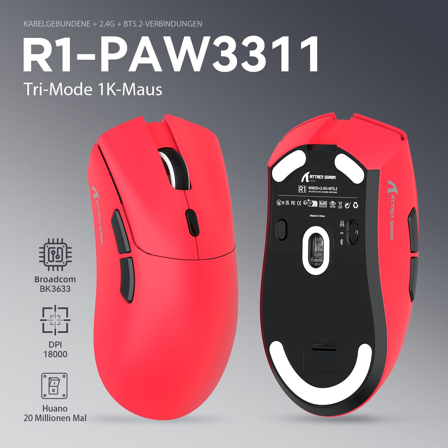 ATTACK SHARK R1 Kabellose Gaming-Maus, PAW3311-Sensor, 18K DPI Gaming-Maus (2.4G, Bluetooth, USB-C, 59 g,18000 DPI,Office-Maus für Win11/Xbox/PS/Mac)