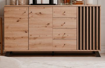 Finori Sideboard Madem (Anrichte in Eiche Artisan Dekor, 3-türig, 160 x 85 cm), mit Holzlamellen