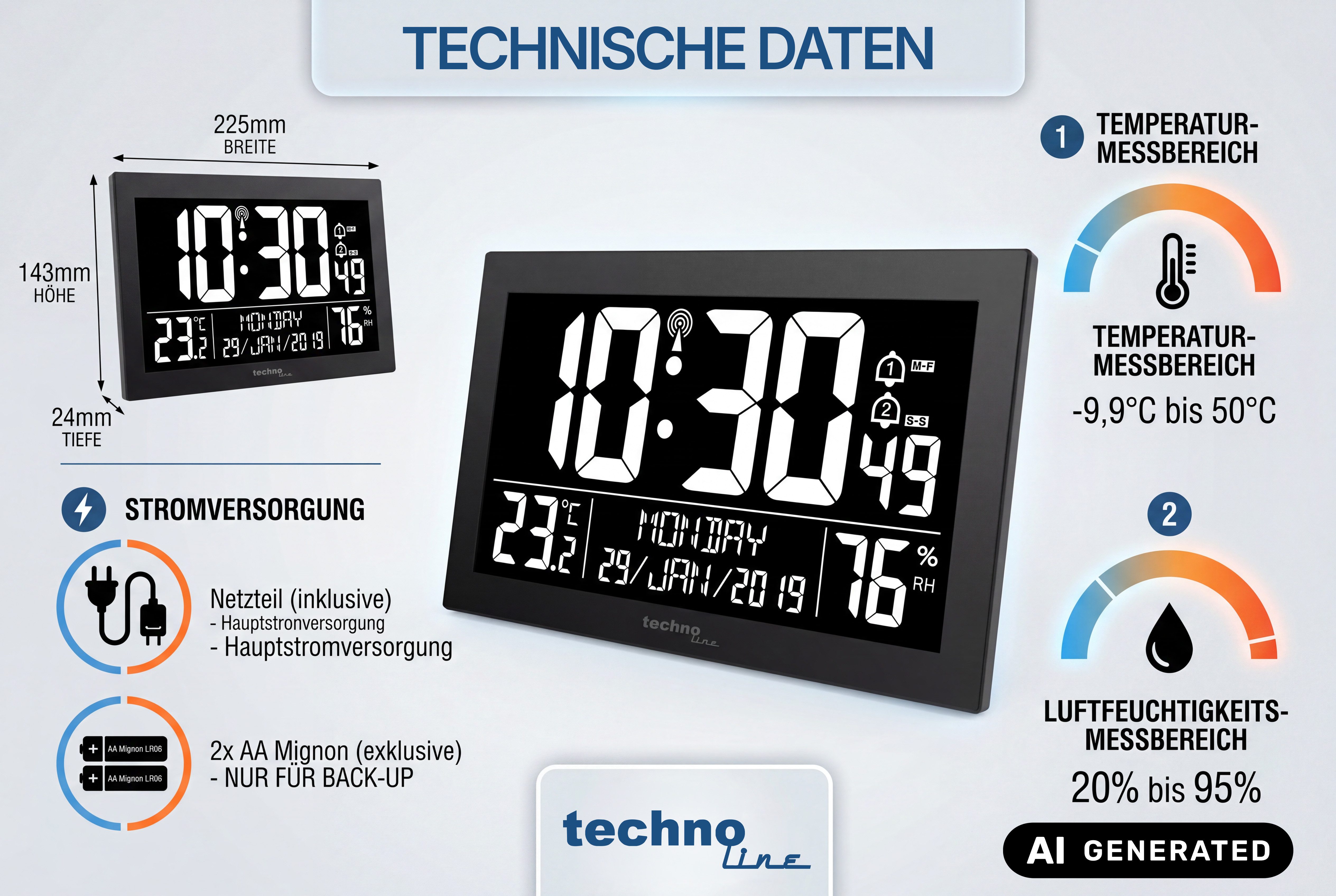 technoline Funkwanduhr WS 8017 (mit Temperatur- und Luftfeuchteanzeige) – Bild 5 von 5