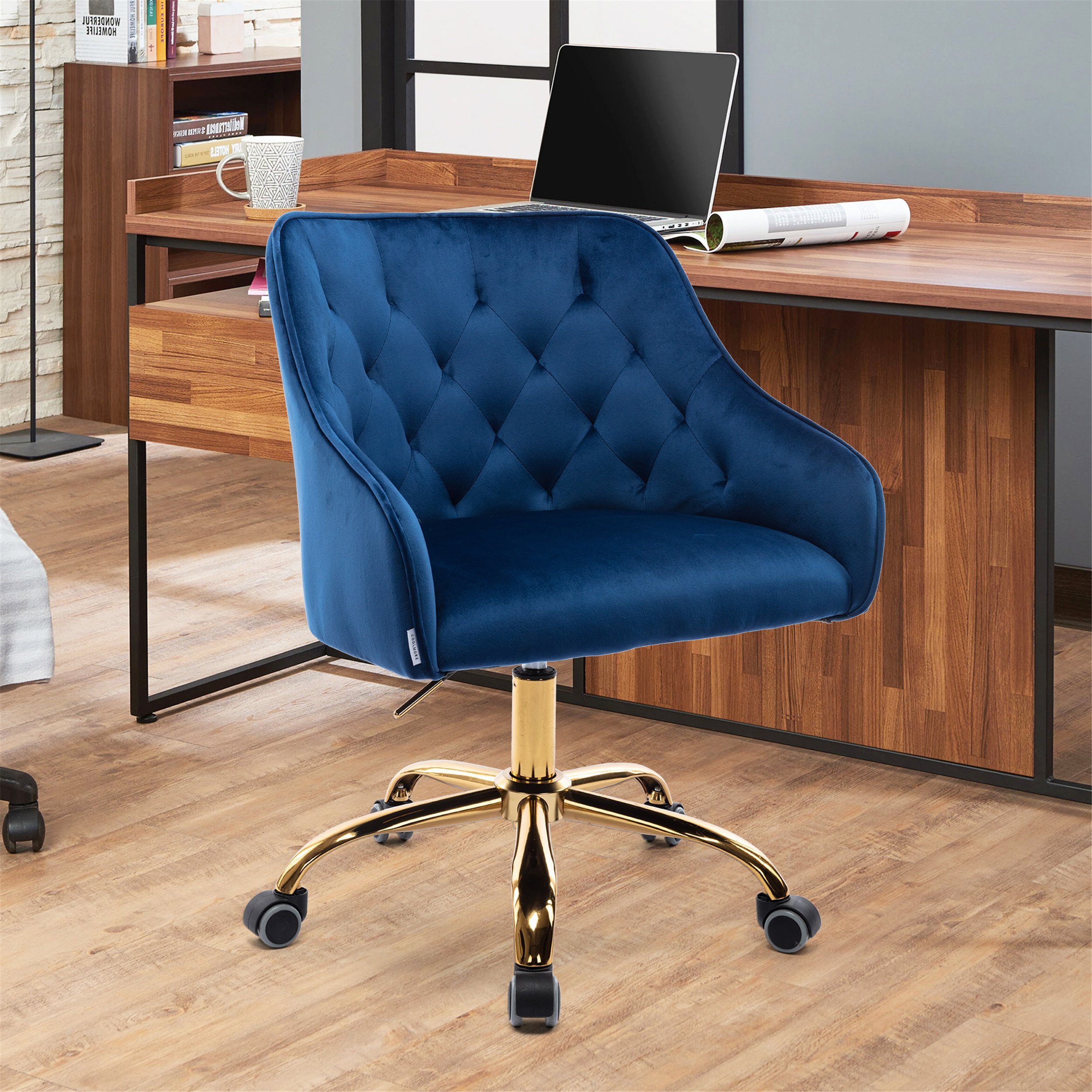 Ulife gepolstert Basis Blau Samt Schreibtischstuhl, goldfarbener (1 St), höhenverstellbar mit Drehstuhl Stuhl