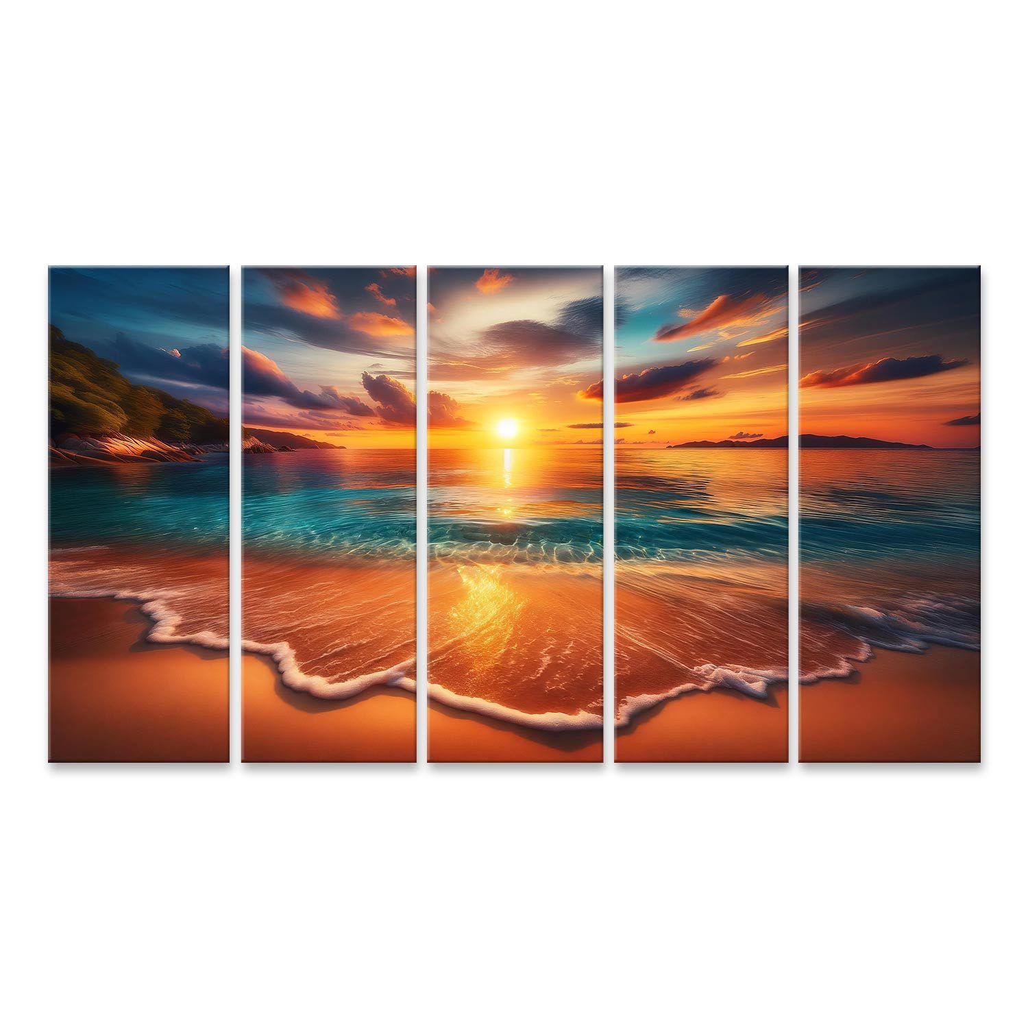 Leinwandbild Goldener Sonnenuntergang am ruhigen Strand