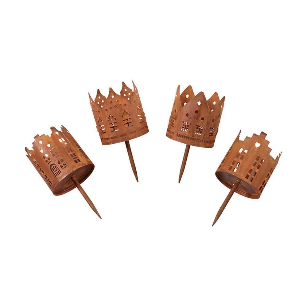 Florissima Kerzenhalter 4 x Kerzenstecker Kerzenhalter Metall Häuser rost 6x13 cm (4 St)