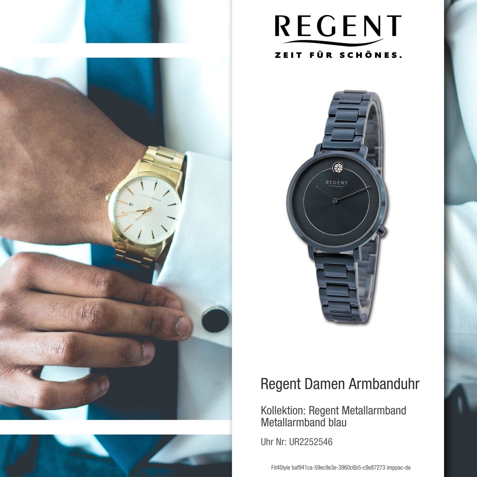 Regent Quarzuhr Regent Damen Armbanduhr Damenuhr groß rundes Analog, extra Metallarmband (ca. Gehäuse, blau, 35mm)