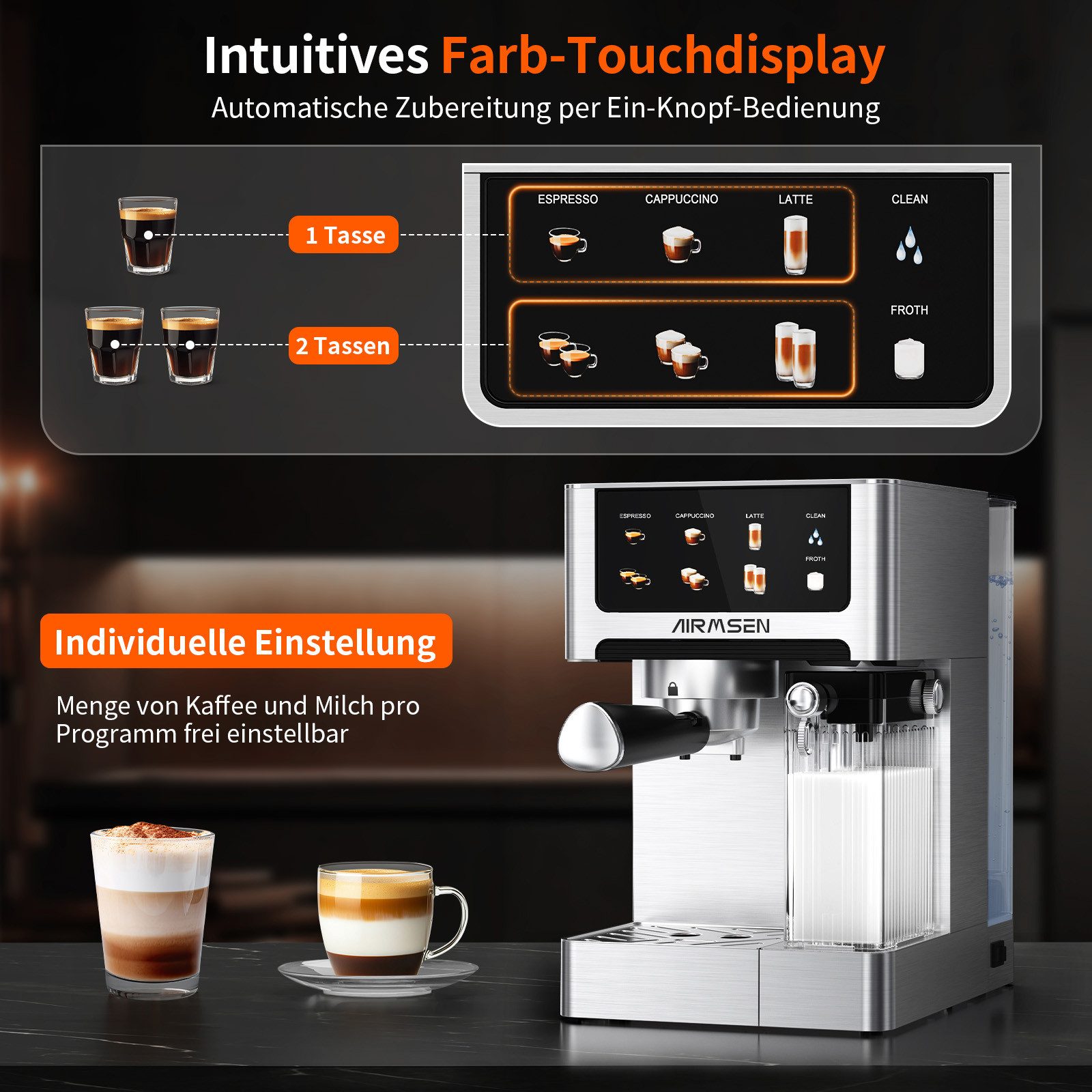 Airmsen Espressomaschine 20 Bar mit automatischem Milchaufschäumer für Zuhause,1.8L Wassertank, Edelstahlfilter, Cappuccino & Latte Kaffeemaschine mit Schnellbrüh-Doppelkessel