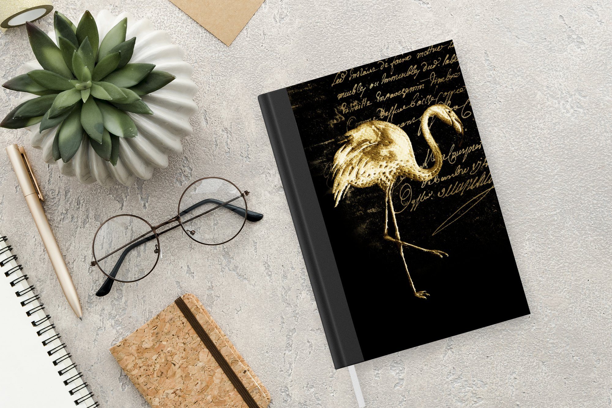 MuchoWow Notizbuch Flamingo - Illustration Journal, 98 A5, Haushaltsbuch Seiten, Tagebuch, - Notizheft, Merkzettel, Gold