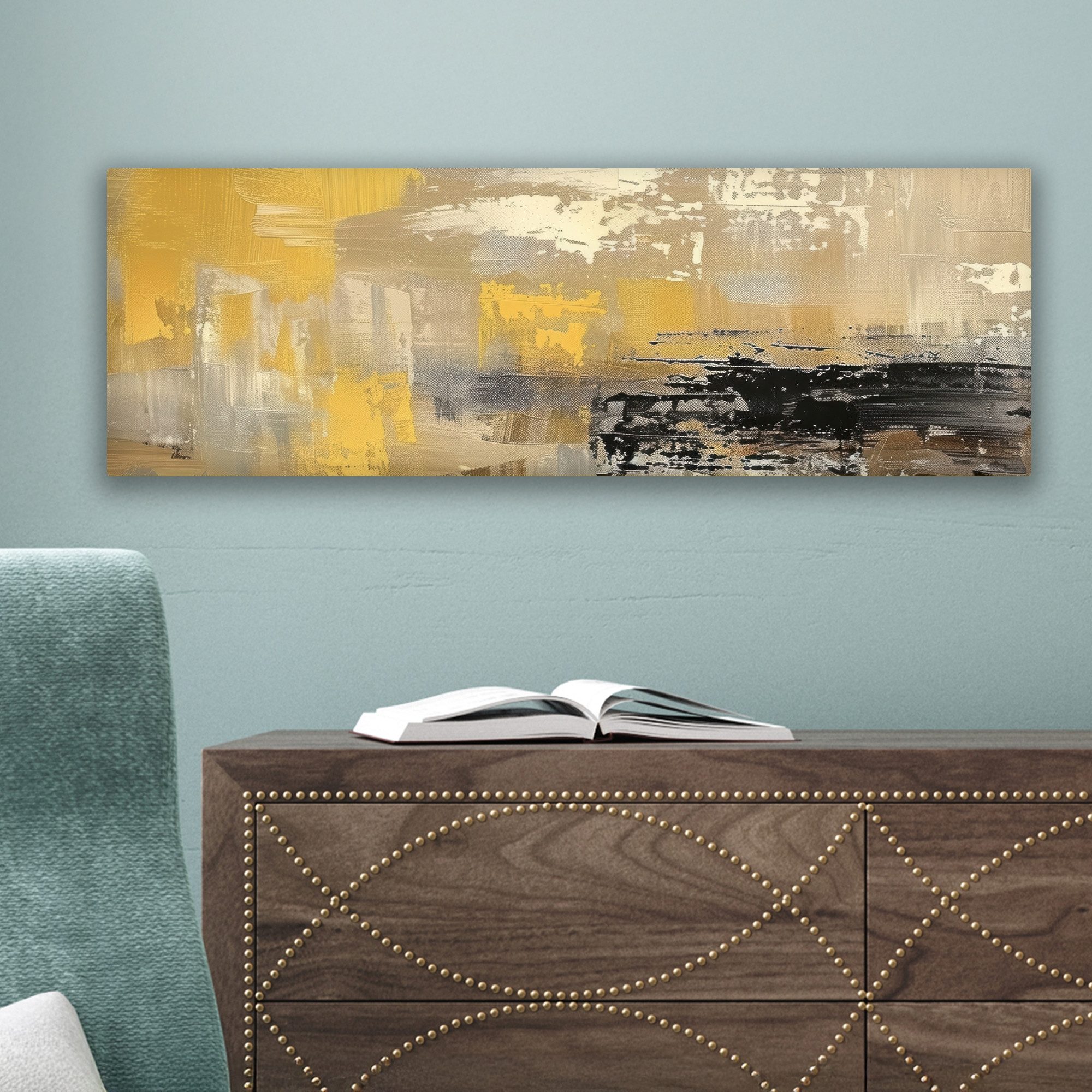 OneMillionCanvasses® Leinwandbild Panorama Abstrakt - Gelb - Modern - Beige, Fotodruck (1 St), Wandbild, Deko Schlafzimmer Wohnzimmer Flur 60x20 cm – Bild 5 von 5