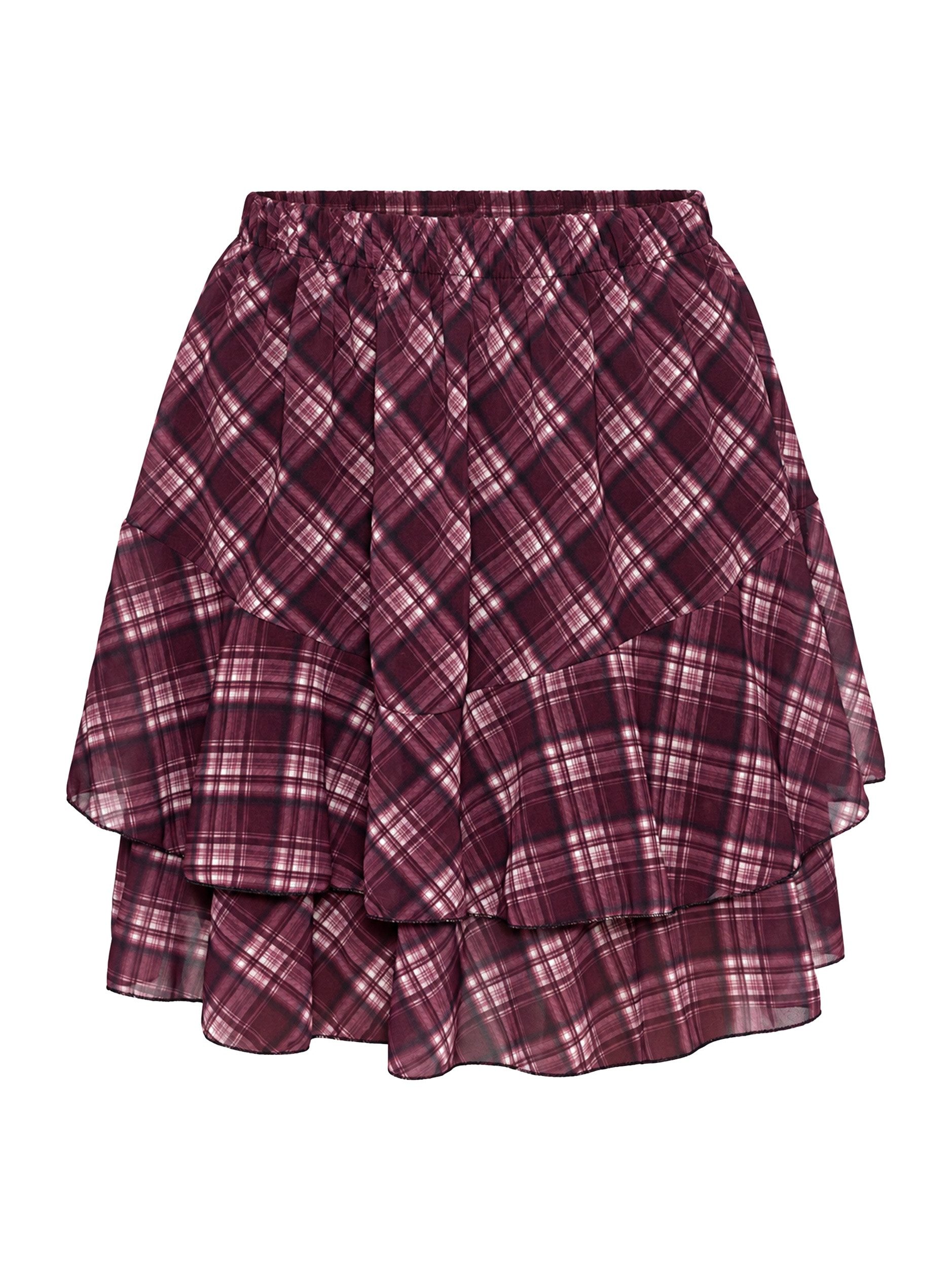 SASSYCLASSY Minirock Kurzer Volant Rock für Damen Elastischer High Waist Stufenrock mit geometrischem Muster Braun – Bild 2 von 5