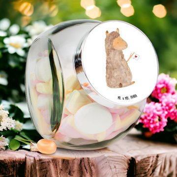 Mr. & Mrs. Panda Vorratsglas XL 2000ml Alpaka Fahne - Weiß - Geschenk, Lama, Alpakas, Süßigkeitend, Premium Glas, (1-tlg), Hochwertiger Druck