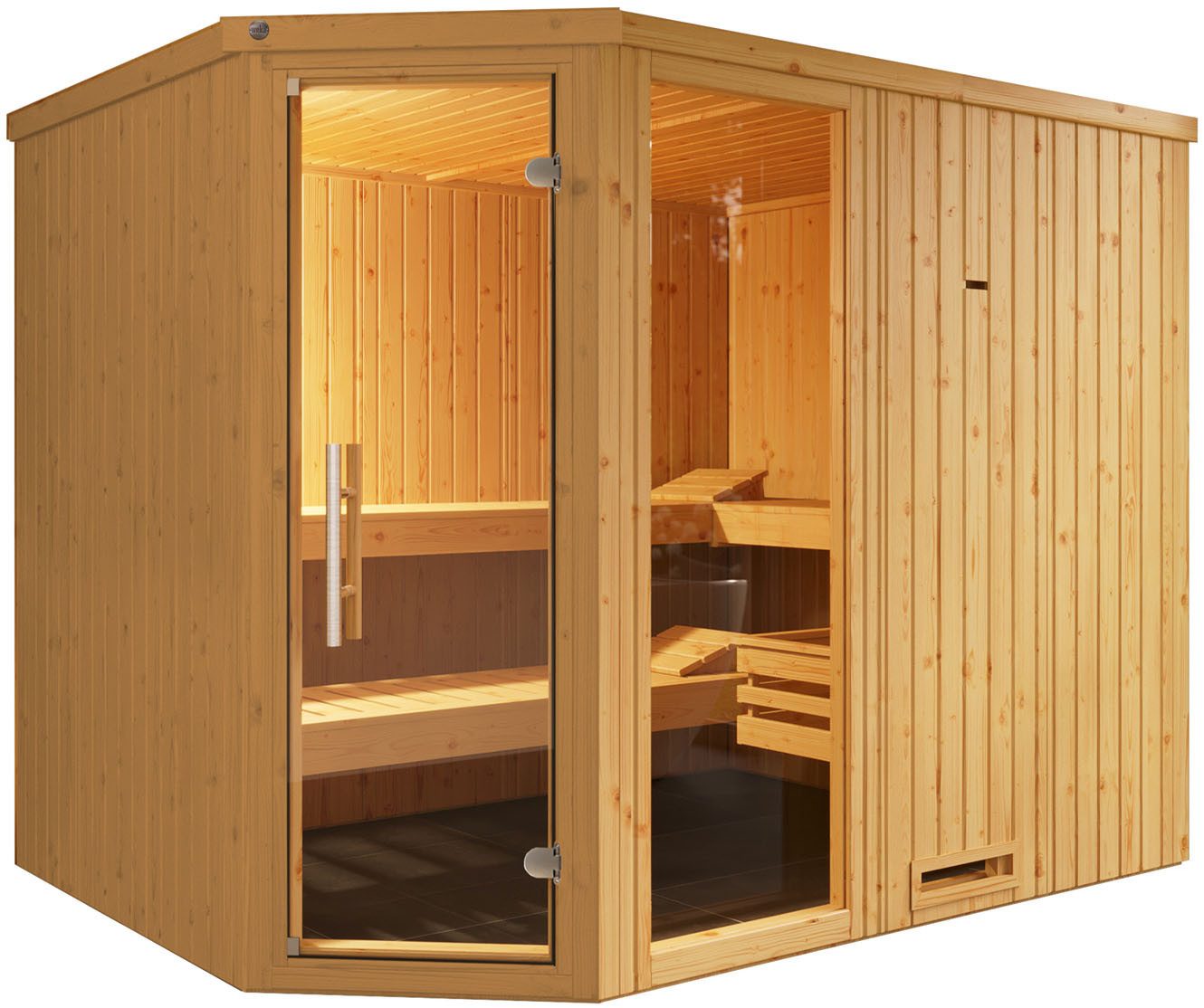 weka Sauna Element-Ecksauna VARBERG 4, BxTxH: 244 x 194 x 199 cm, 68 mm, vorgefertigte Elemente, Fensterelement, moderne Ganzglastür