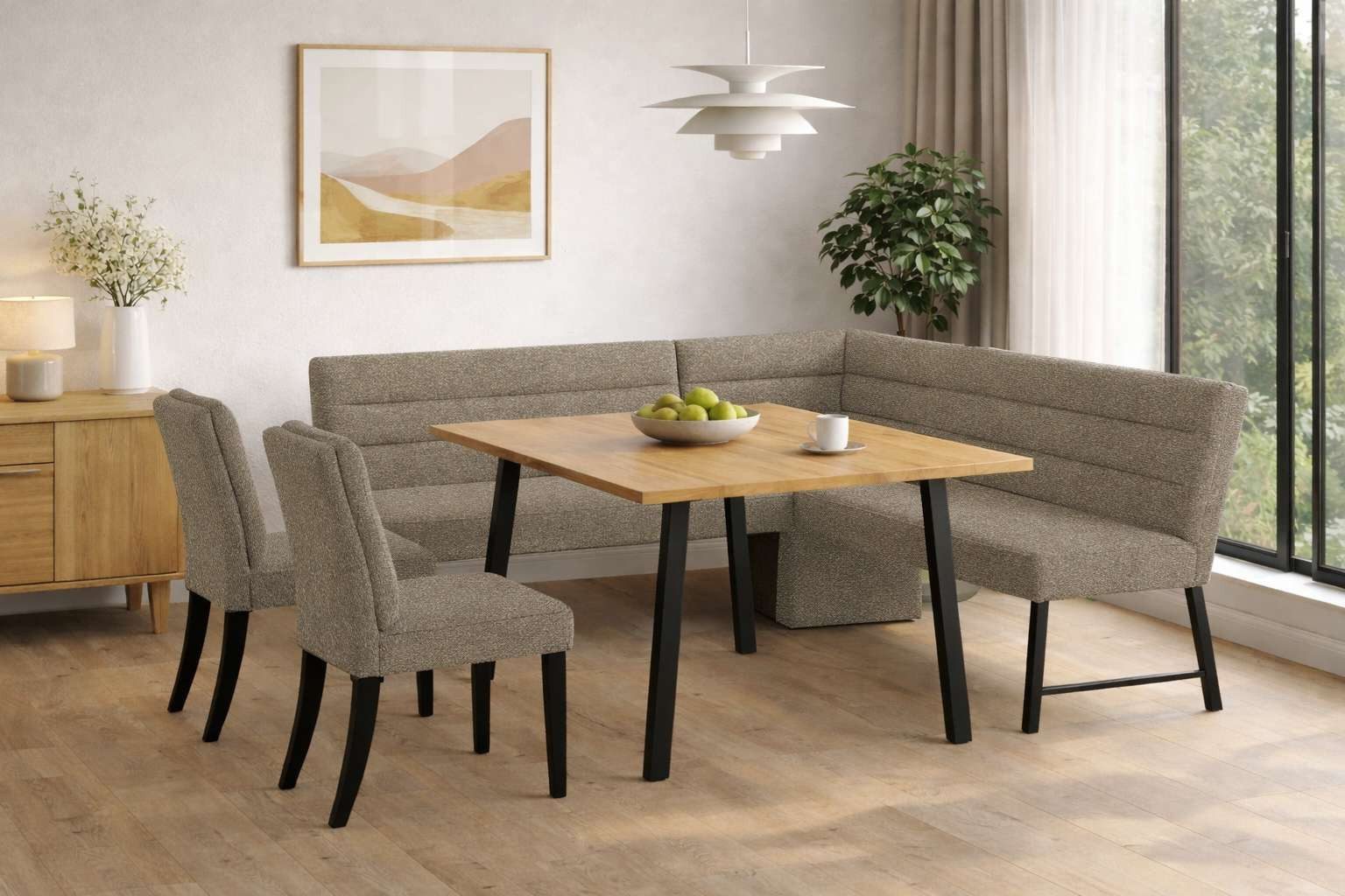 OTTO home Eckbankgruppe Oregon Essecke, Sitzgruppe, Küchenbankgruppe, (Set, 4-tlg., 4er), Eckbank mit Metallfüßen, Esstisch in Eiche massiv