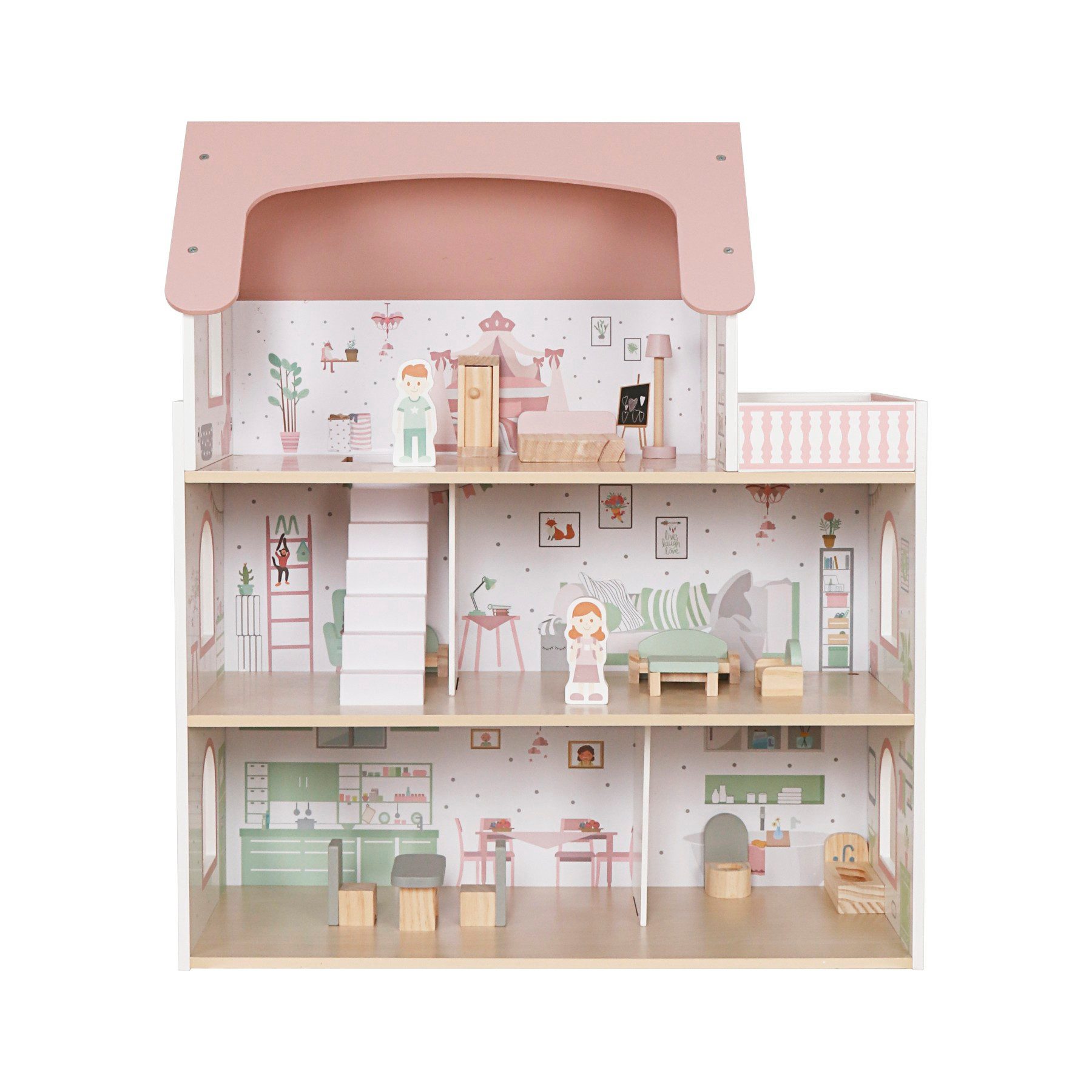 TikTakToo Puppenhaus Holzpuppenhaus Rosa mit 14-teiligem Zubehörset, Förder günstig online kaufen