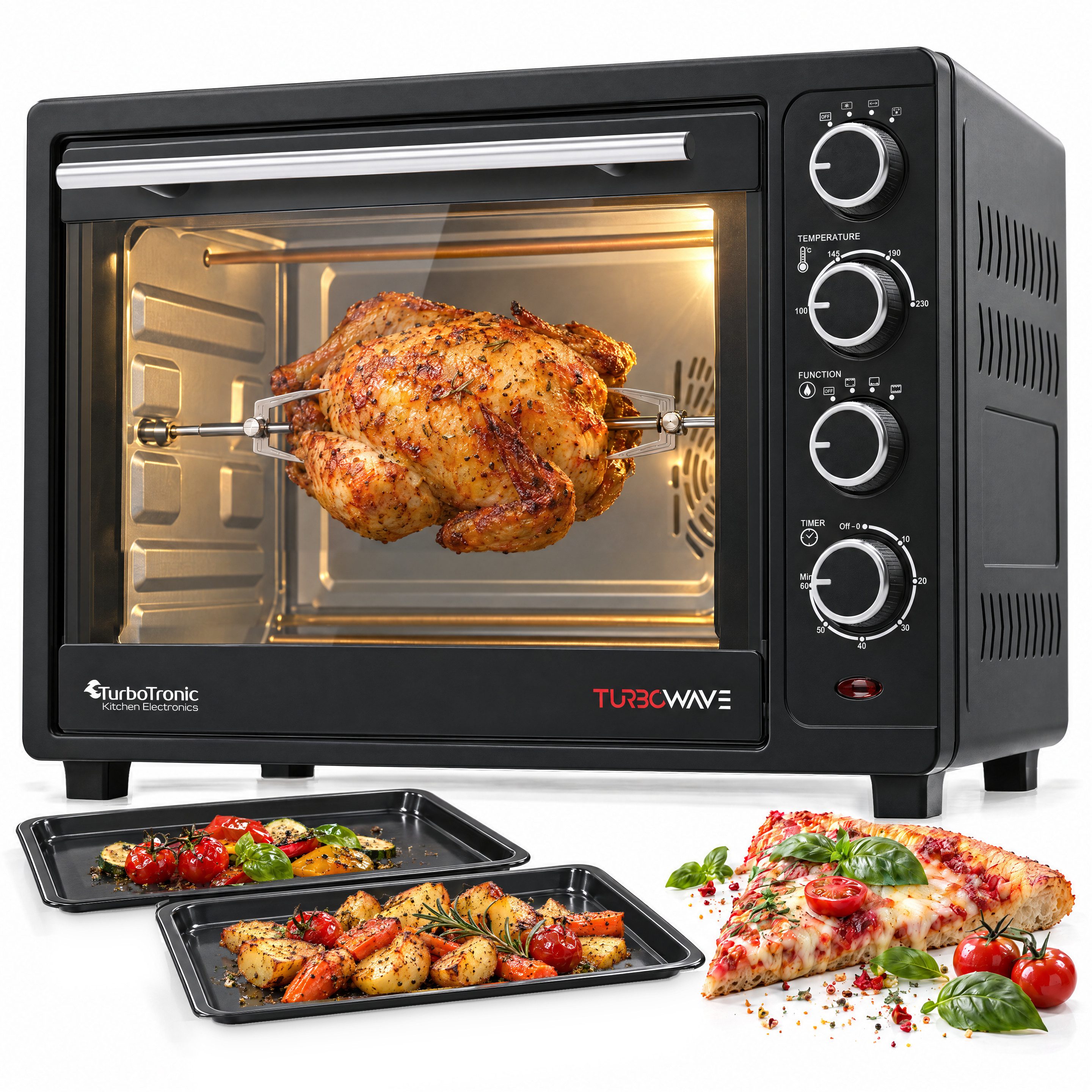TurboTronic Minibackofen 1600 W 35 l Minibackofen, Umluft, Drehspieß, 2 Backbleche, Schwarz, Tischbackofen & Pizzaofen, Brötchen, …