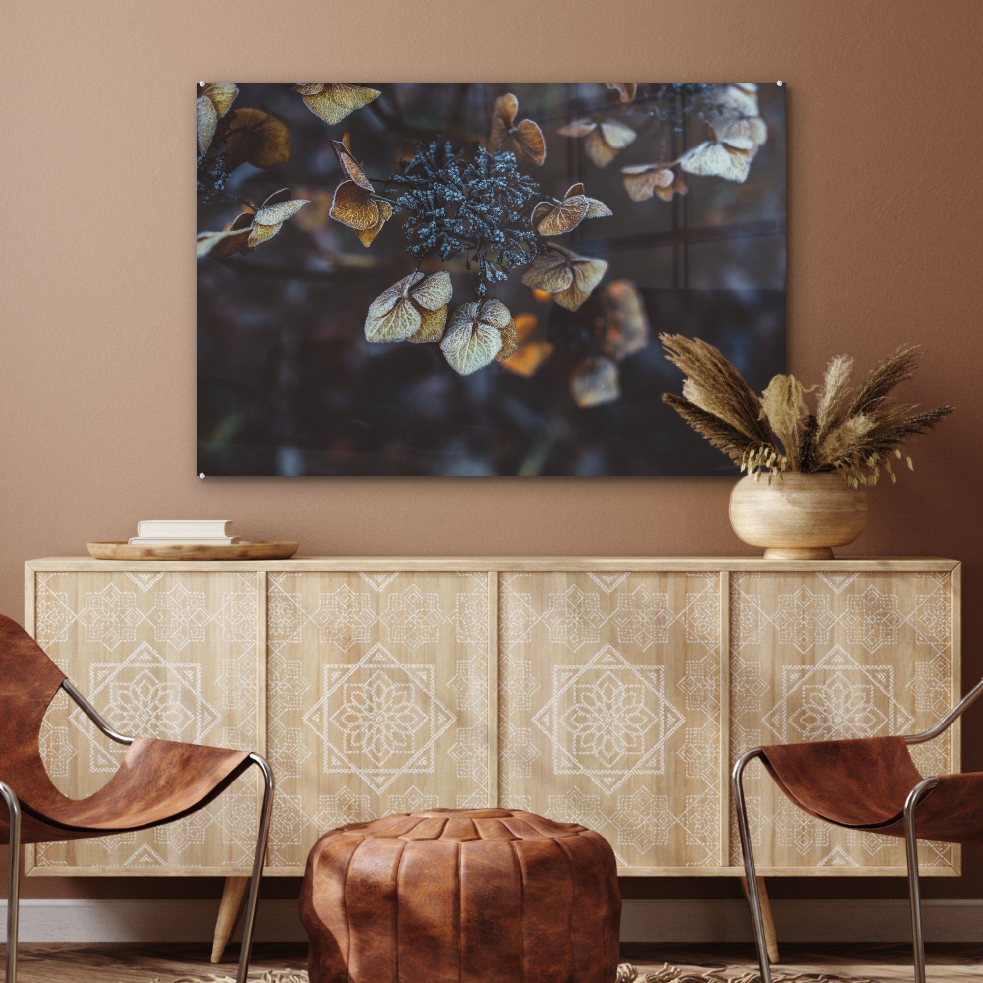 Schlafzimmer Strauch & - - Acrylglasbild (1 Wohnzimmer Blumen Acrylglasbilder MuchoWow St), Nacht,