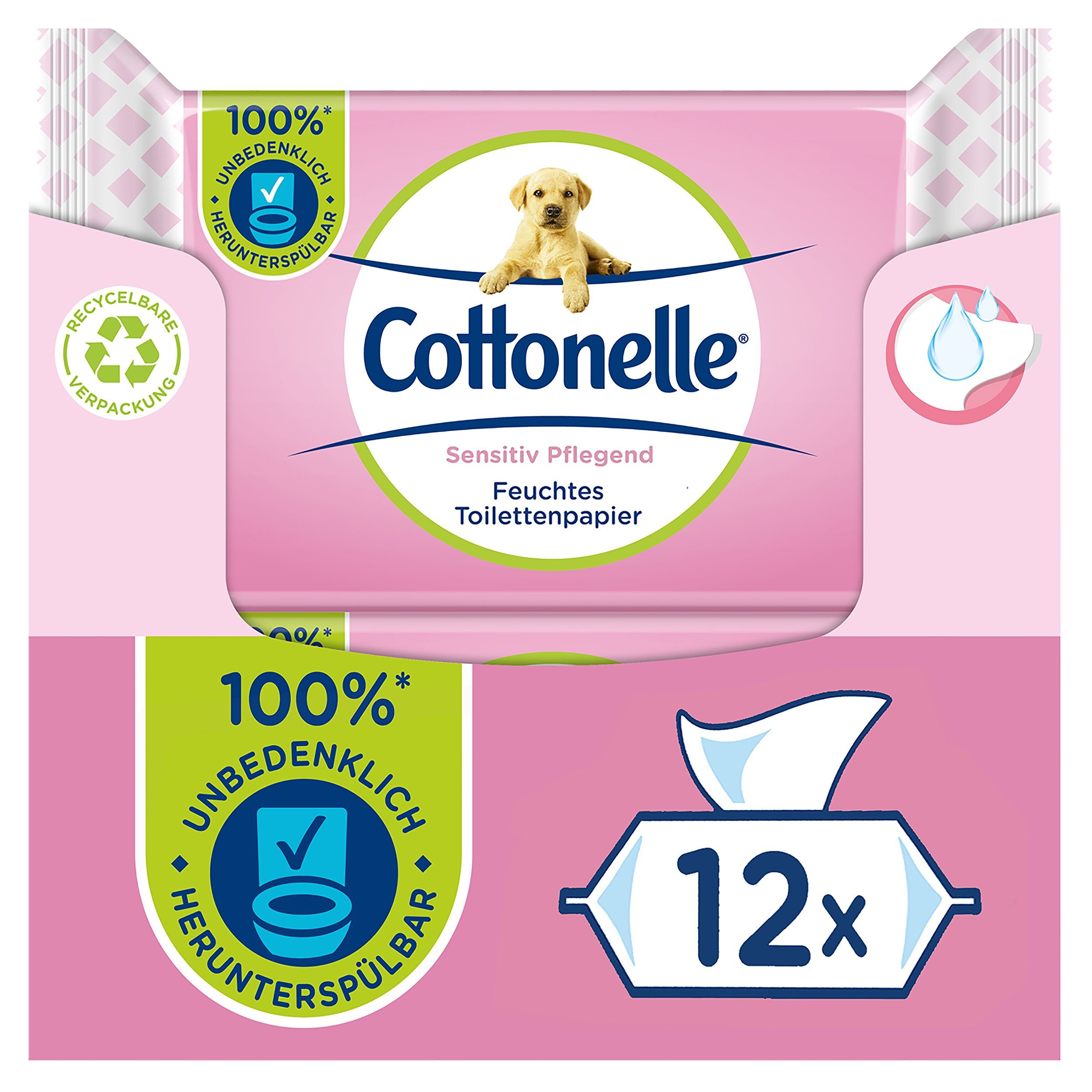 Cottonelle® Toilettenpapier Feuchtes Toilettenpapier Sensitive Pflegend - Parfümfrei, 12x42 Tücher (Vorratspackung 12 x 42 Tücher), Toilettentücher