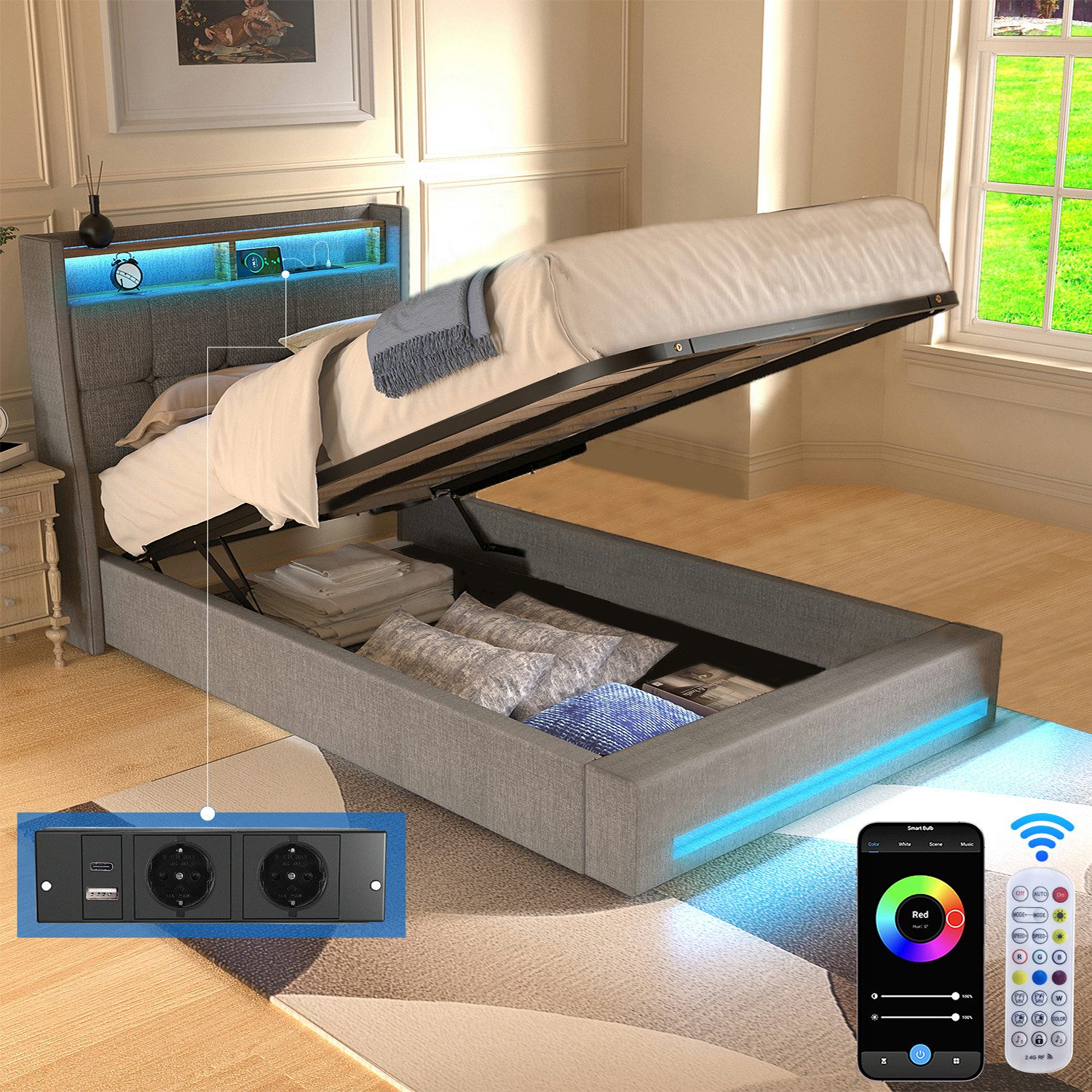 oyajia Polsterbett Doppelbett mit LED Licht 140x200cm,Hydraulisch anhebbare günstig online kaufen