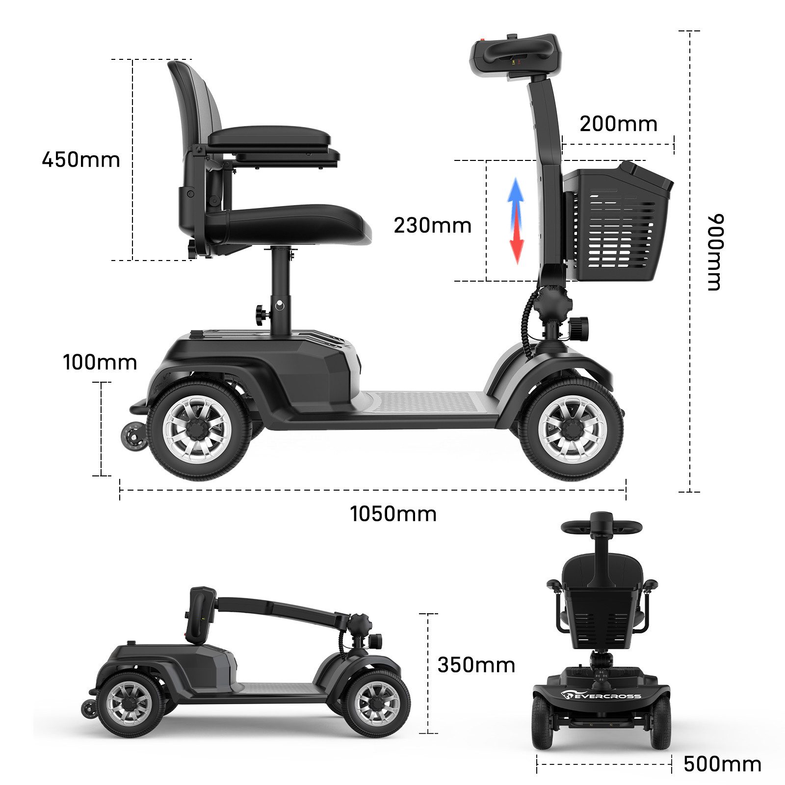 EVERCROSS TECH Elektromobil Faltbarer 4-Rad-Scooter, 38-42km, 20.8Ah, 250W, 180° Drehsitz, verstellbarer Lenker, E-Bremse, Frontkorb