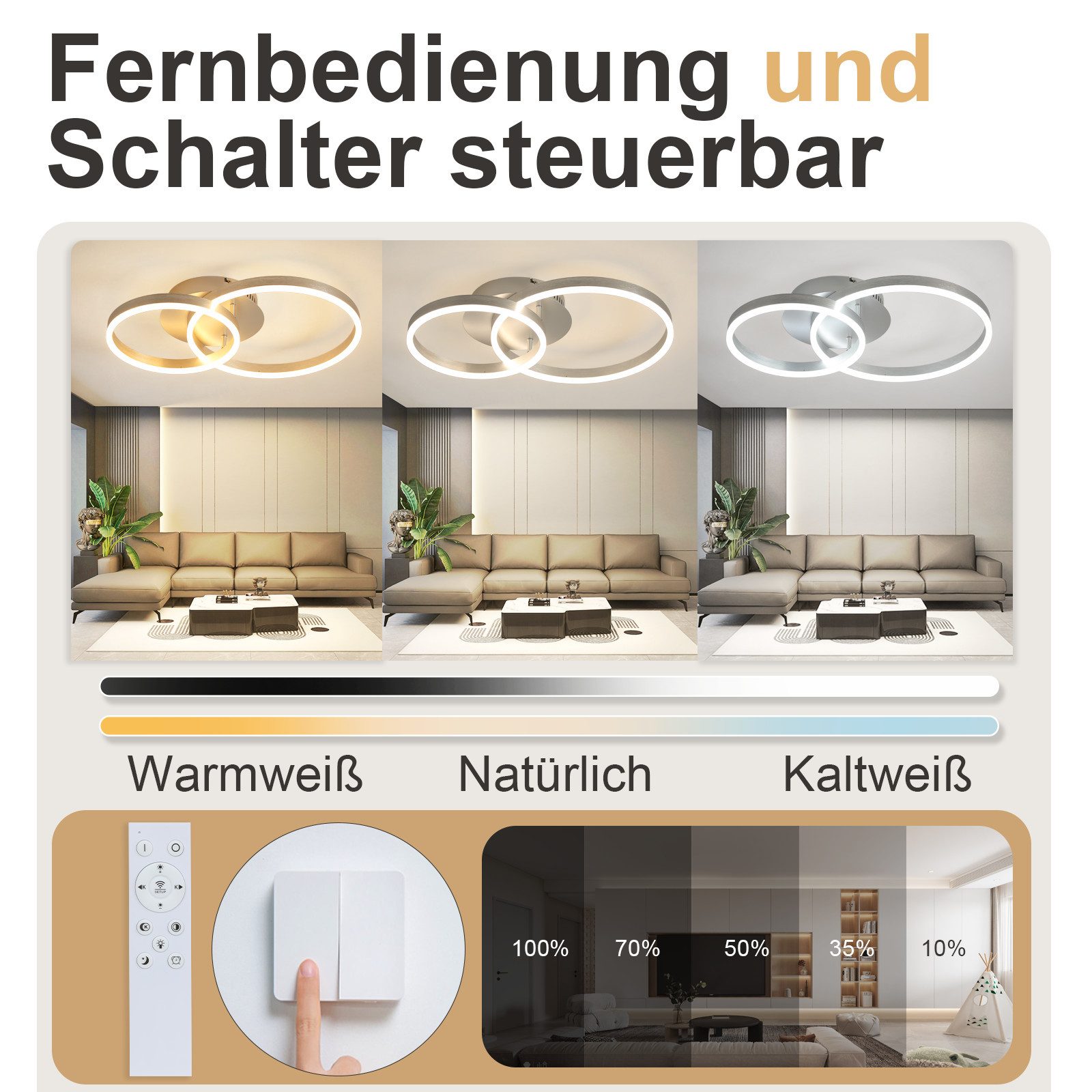 Nettlife LED Deckenleuchte Dimmbar Modern 3 Ring 82CM 74W Deckenlampe Schlafzimmer Acryl Metall, Dimmbar mit Fernbedienung, LED fest integriert