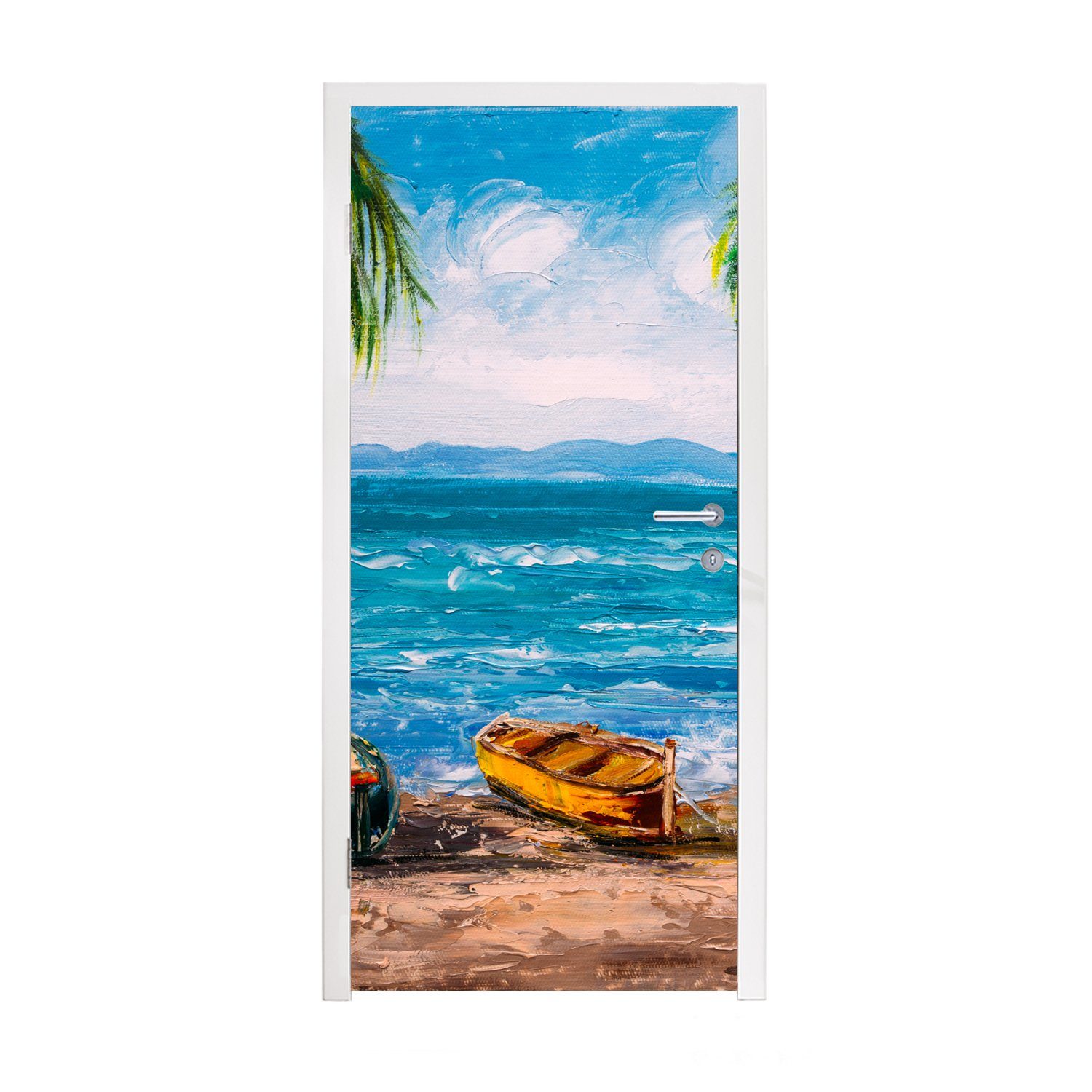 MuchoWow Türtapete Gemälde - Öl auf Leinwand - Strand - Palme - Boot, Matt, bedruckt, (1 St), Fototapete für Tür, Türaufkleber, 75x205 cm