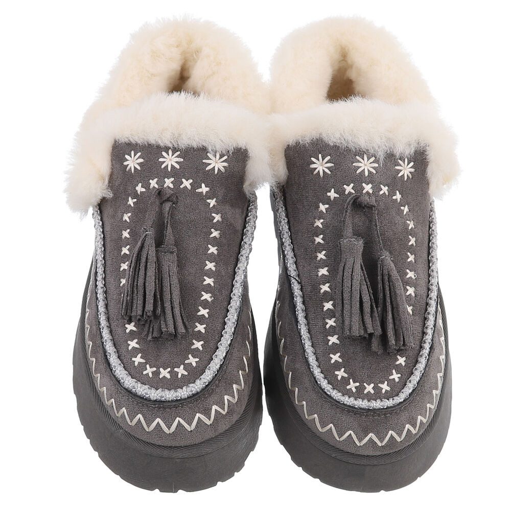 Ital-Design Damen Slipper mit Plateau und Quasten für Freizeitkomfort Snowboots (90542833) Flach Stiefeletten in Grau
