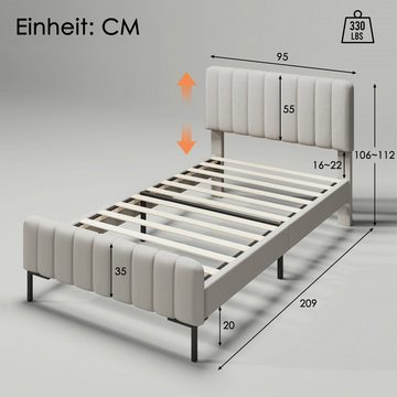 WISHDOR Polsterbett Einzelbett Stauraumbett Bett (90 x 200 cm Beige ohne Matratze), Bettgestell mit Lattenrost und Verstellbares Kopfteil