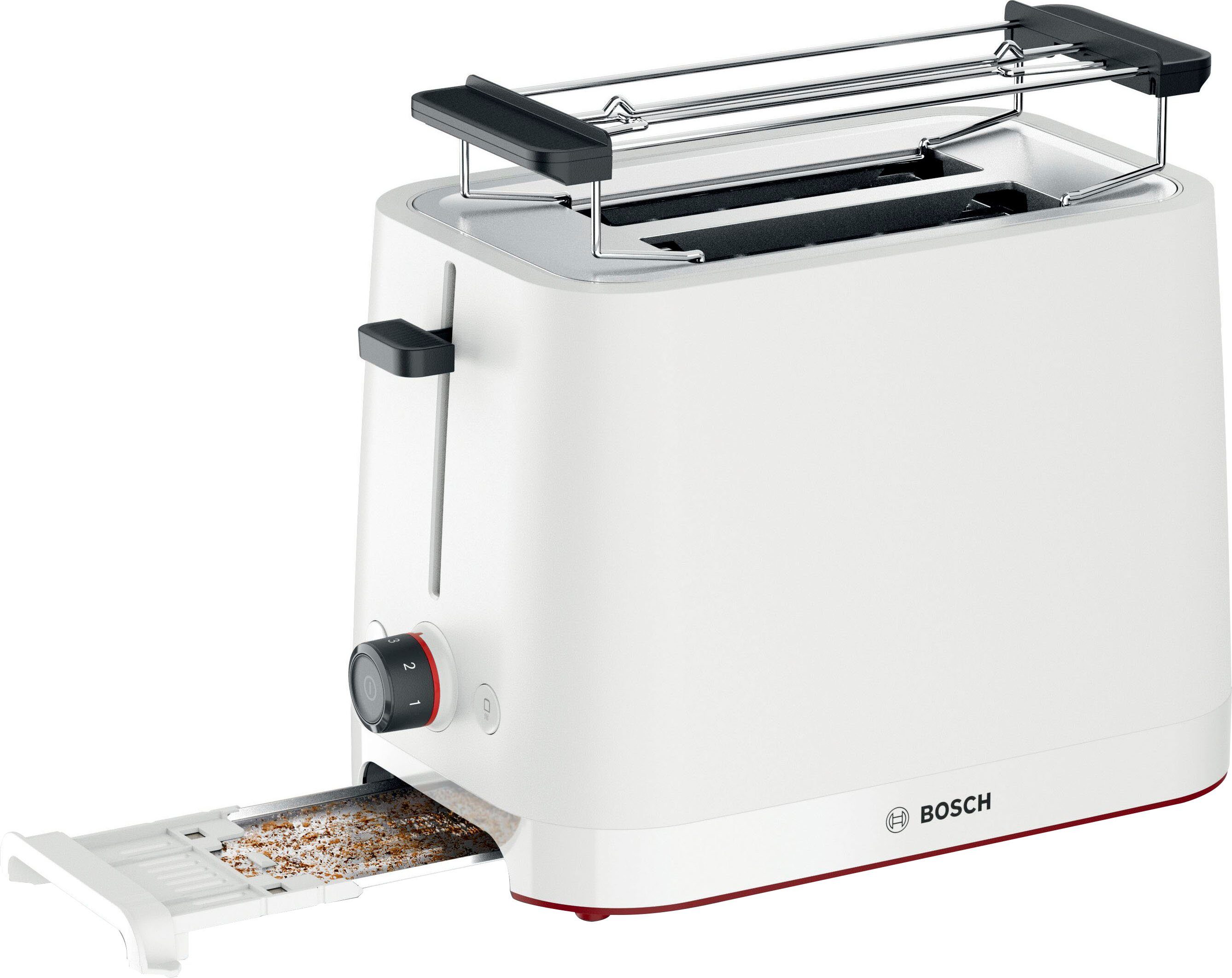 BOSCH Toaster MyMoment TAT3M121, 2 Schlitze, für 2 Scheiben, 950 W,  entnehmbarer Brötchenaufsatz, Auftaufunktion, Brotzentrierung, AutoOff