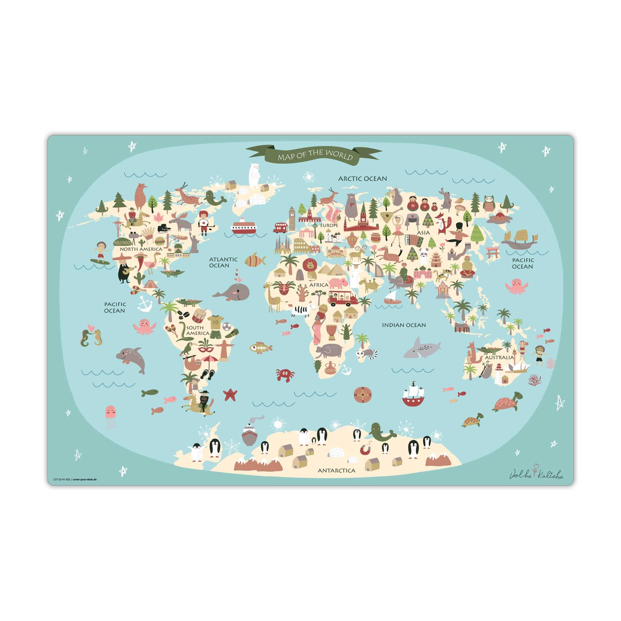 cover-your-desk.de Schreibtischunterlage abwaschbar - für Kinder - Weltkarte - premium Vinyl - Made in Germany, (1 tlg)