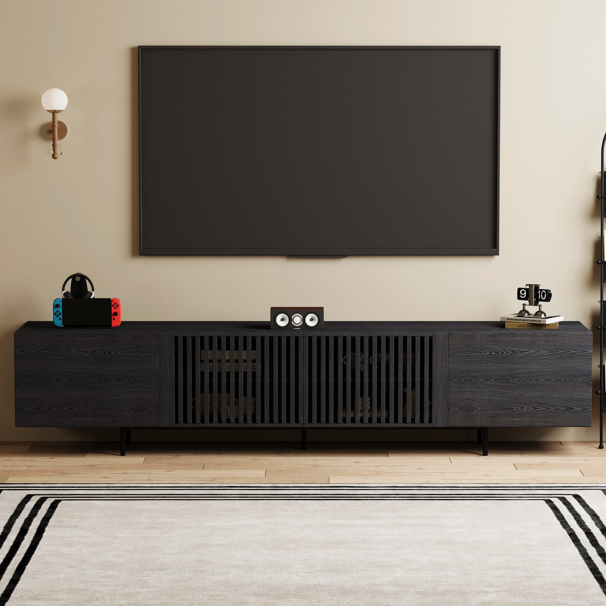 oleyluckidea TV-Schrank Mid-Century TV-Lowboard ausziehbar, Walnuss, für 80"+ TV Breite 198 cm bis 262 cm