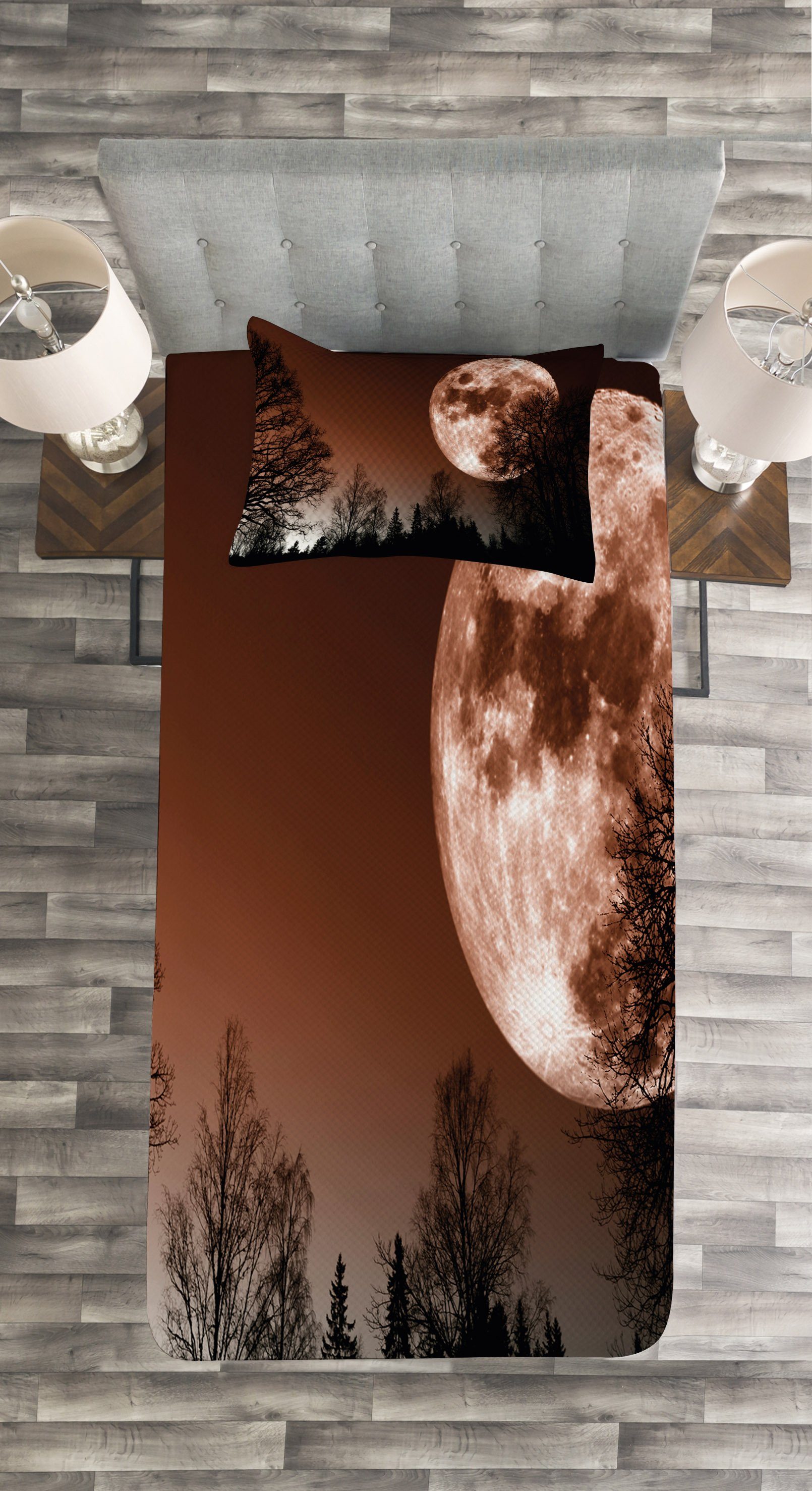 Tagesdecke Set mit Kissenbezügen Mond Waschbar, Abstrakt Wald Farbiger Abakuhaus