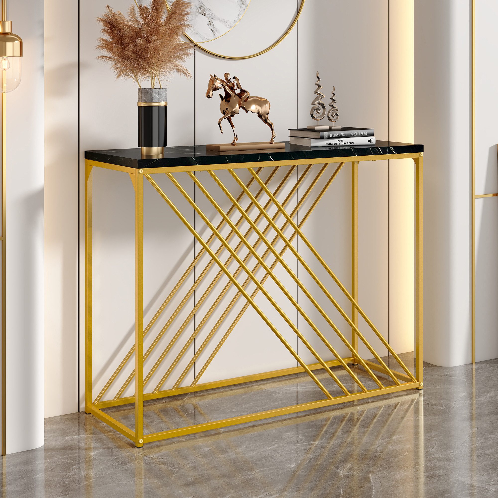 PXloue Konsolentisch Moderne Konsole mit goldener Metallbasis und stilvollem Design, Eleganter minimalistischer Tisch – perfekte Ergänzung für Ihr Zuhause.