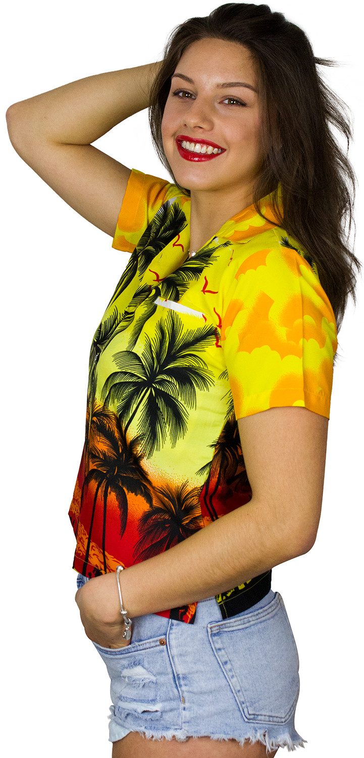 King Kameha Hawaiihemd Beach Funky Hawaiibluse Damen Kurzarm Front-Tasche Stylish
