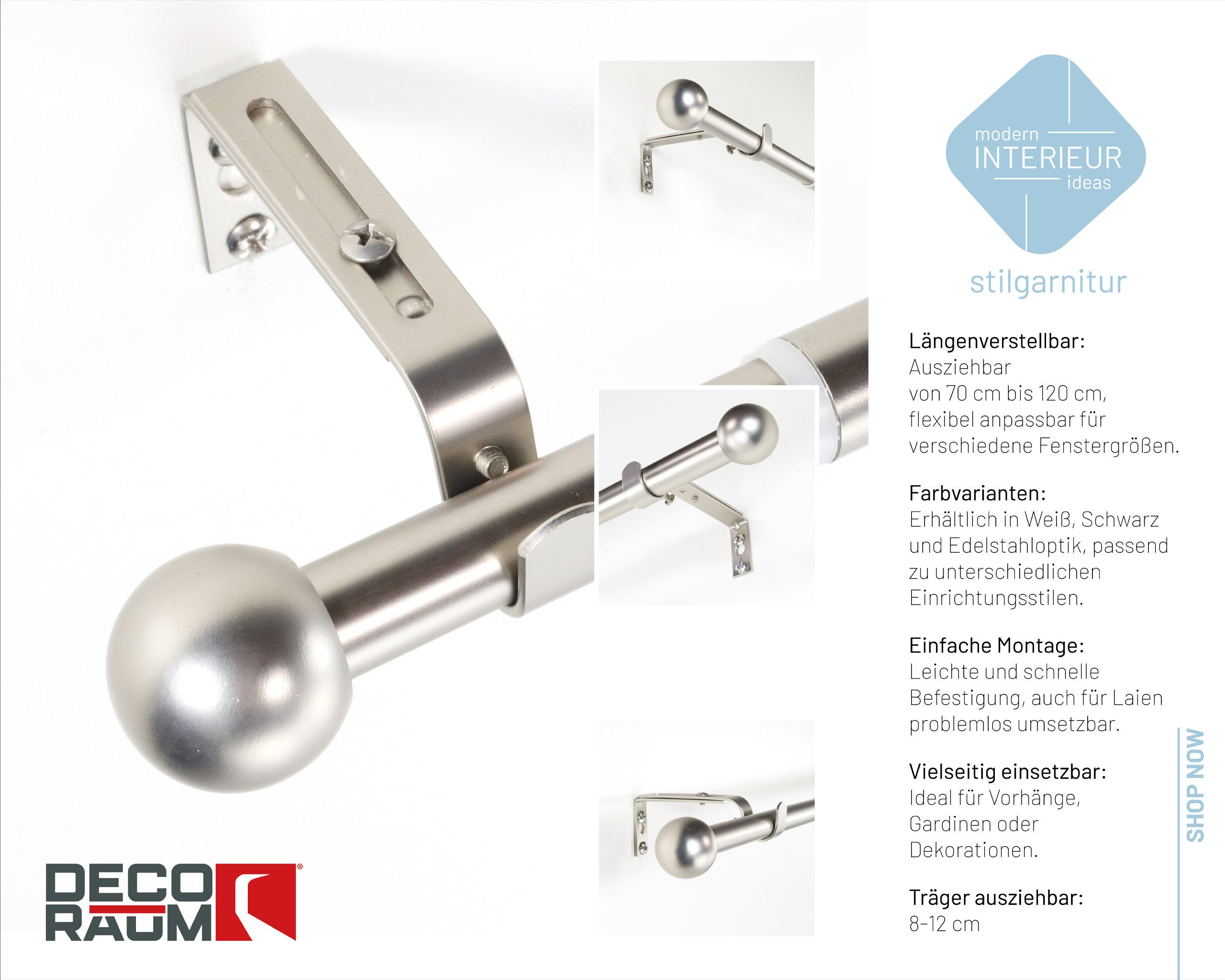 Deco-Raum Gardinenstange Flexa Stilgarnitur Set ausziehbar, Ø 19 mm, 1-läufig, ausziehbar, Wandmontage, verschraubt, Metall, perfekt für Dekoschals Gardinen