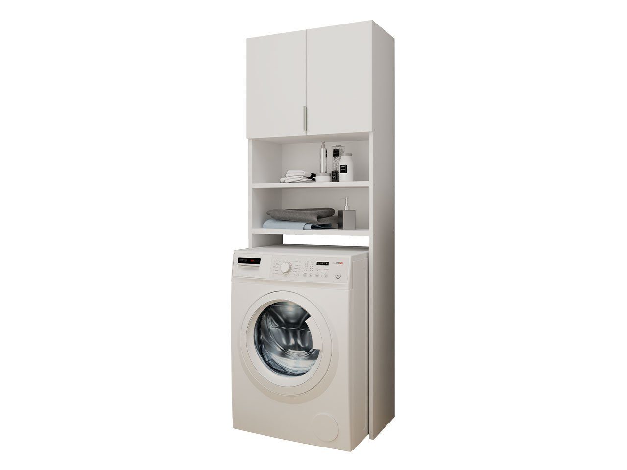 Waschmaschinenumbauschrank aus Bonito Türen) geräumigen (mit 2 Aluminium, Weiß Regalen MIRJAN24 Griffe