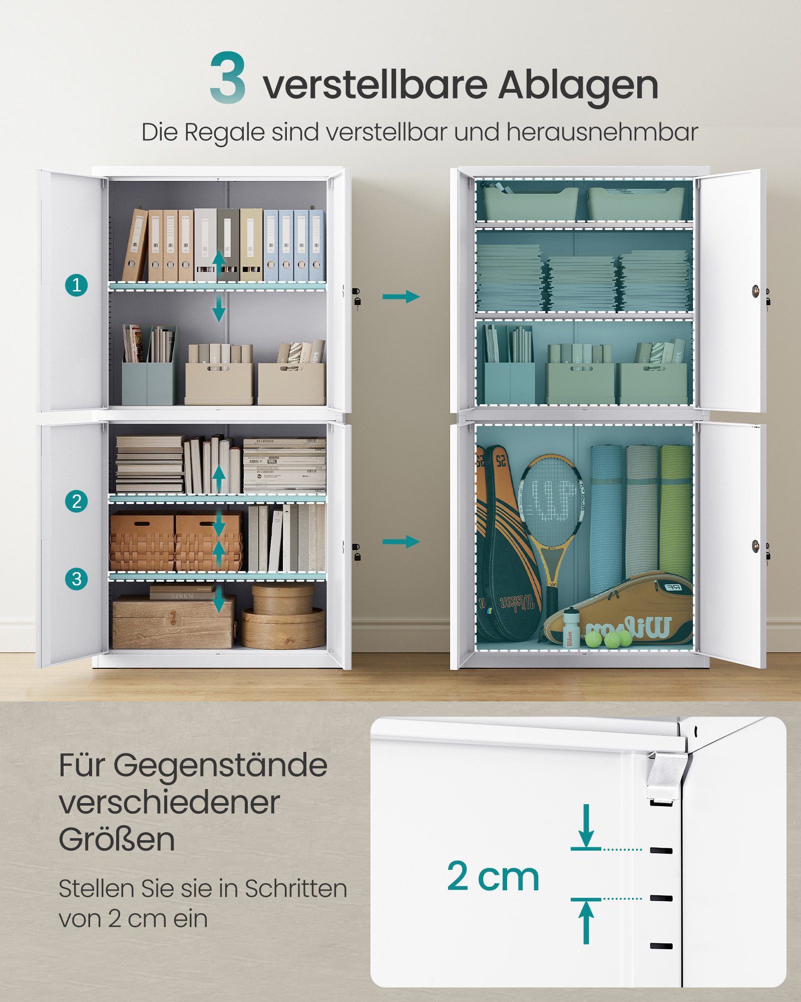 SONGMICS Aktenschrank Mehrzweckschrank, Stahl-Aufbewahrungsschrank, 5 Ebenen 4 Türen, 40 x 60/80 x 180 cm, 2 Schlösser, verstellbare Ablagen – Bild 4 von 5